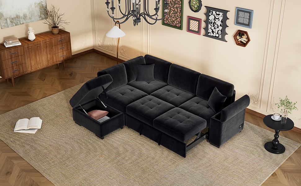 Sleeper Sectional Sofa, L-Shape Corner Couch Sofa-Bed with Storage Ottoman & Hidden Arm Storage & USB Charge  for Living Room Apartment, Black