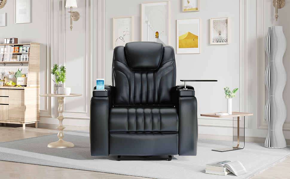 PU Leather Power Recliner Home Theater Recliner with Power Adjustable Headrest, Wireless Charging Device, USB Port, Storage Arms, Cup Holder and Swivel Tray Table for Living Room, Black