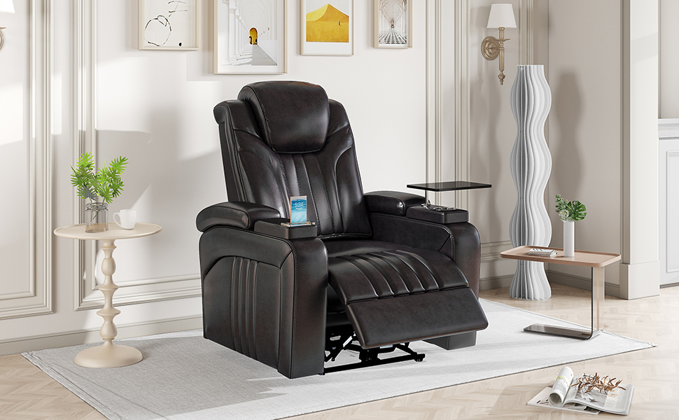 PU Leather Power Recliner Home Theater Recliner with Power Adjustable Headrest, Wireless Charging Device, USB Port, Storage Arms, Cup Holder and Swivel Tray Table for Living Room, Brown