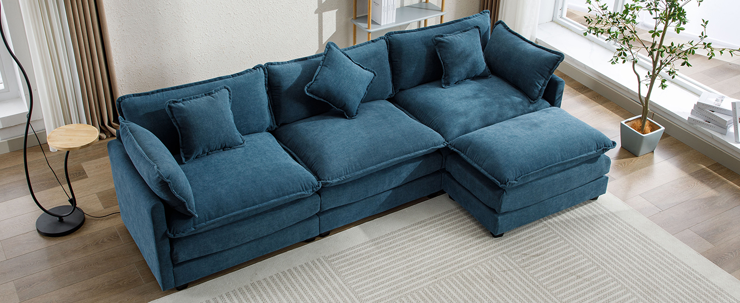 112.2" L-Shape Chenille Upholstered Sofa for Living Room Modern Luxury Sofa Couch with Ottoman, 5 Pillows, Blue