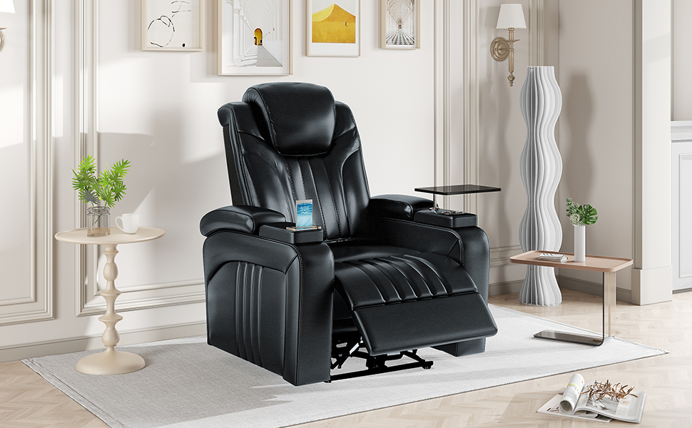 PU Leather Power Recliner Home Theater Recliner with Power Adjustable Headrest, Wireless Charging Device, USB Port, Storage Arms, Cup Holder and Swivel Tray Table for Living Room, Black