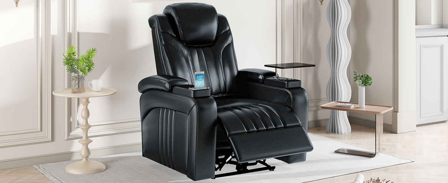 PU Leather Power Recliner Home Theater Recliner with Power Adjustable Headrest, Wireless Charging Device, USB Port, Storage Arms, Cup Holder and Swivel Tray Table for Living Room, Black