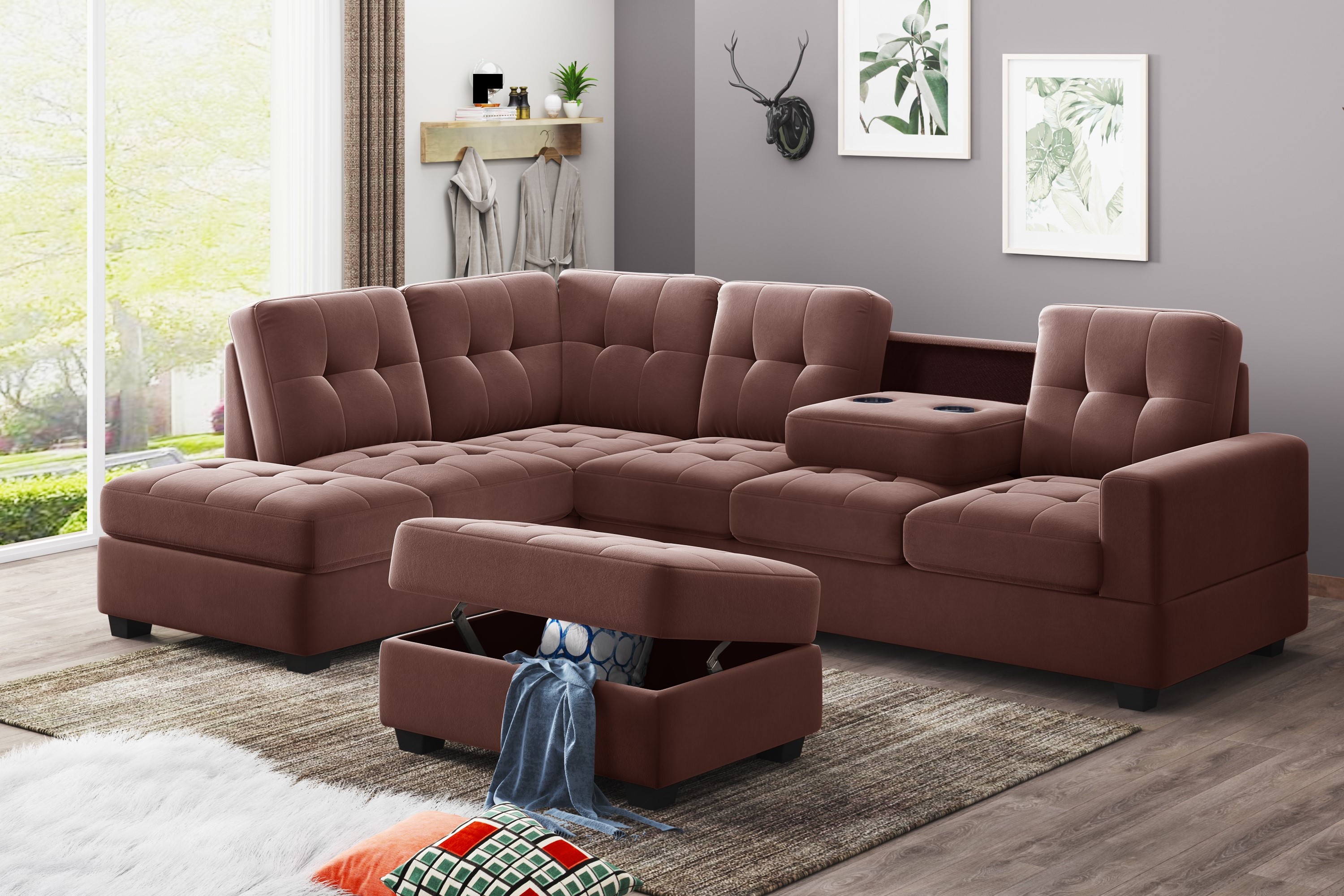 Sectional Sofa with Reversible Chaise Lounge, L-Shaped Couch with Storage Ottoman and Cup Holders