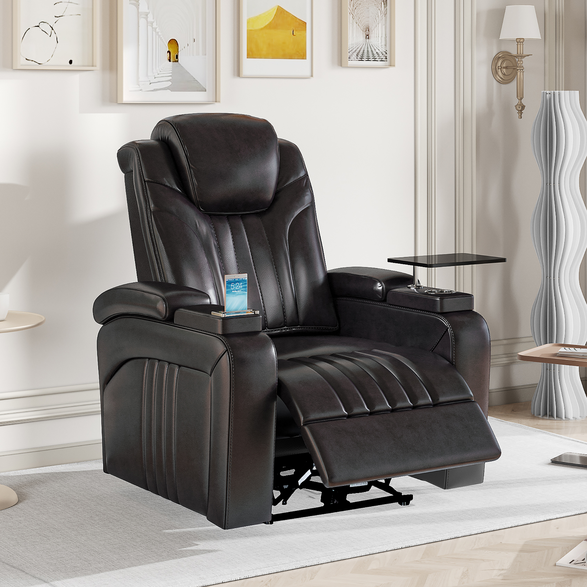 PU Leather Power Recliner Home Theater Recliner with Power Adjustable Headrest, Wireless Charging Device, USB Port, Storage Arms, Cup Holder and Swivel Tray Table for Living Room, Brown