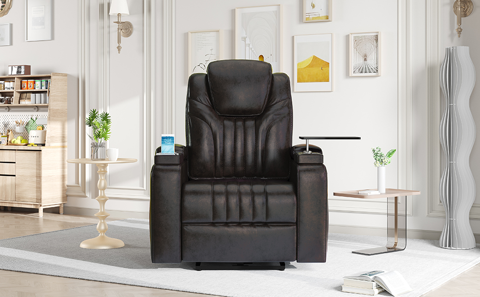 PU Leather Power Recliner Home Theater Recliner with Power Adjustable Headrest, Wireless Charging Device, USB Port, Storage Arms, Cup Holder and Swivel Tray Table for Living Room, Brown