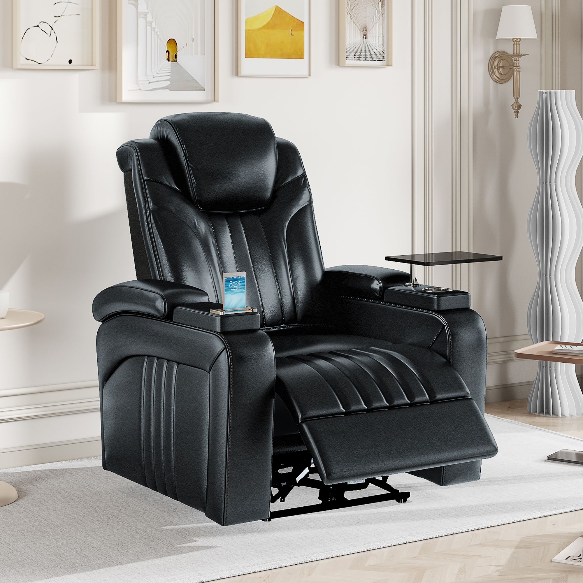 PU Leather Power Recliner Home Theater Recliner with Power Adjustable Headrest, Wireless Charging Device, USB Port, Storage Arms, Cup Holder and Swivel Tray Table for Living Room, Black