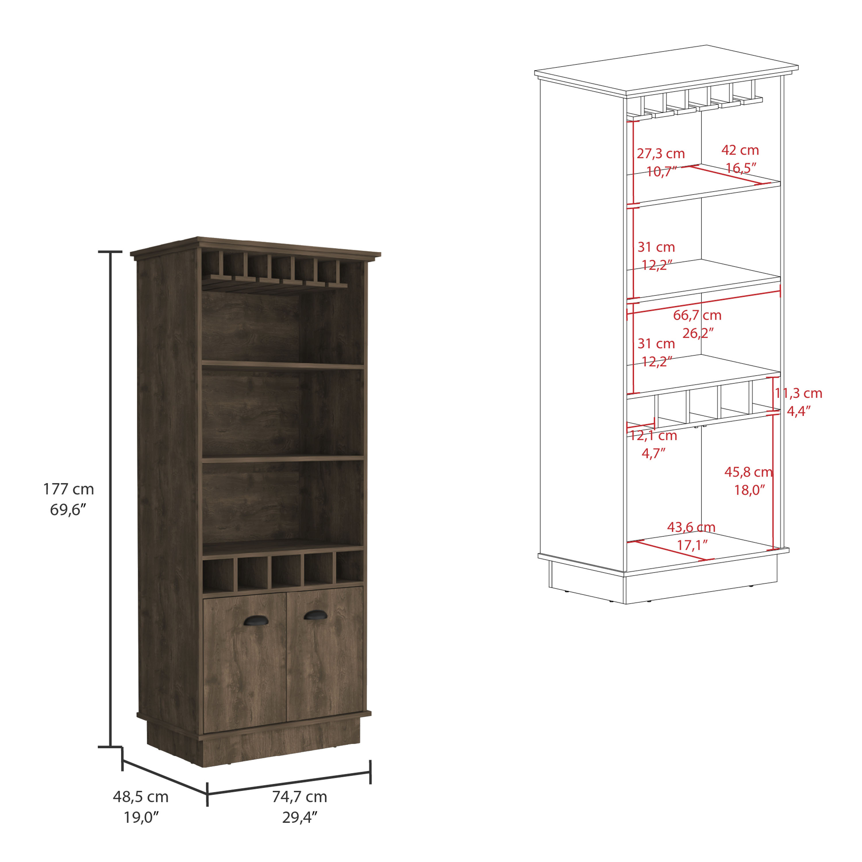 Dundee 70-Inch High 10-Glass Bar Cabinet with 5 Cubbies and 3 Open Shelves and Cabinet