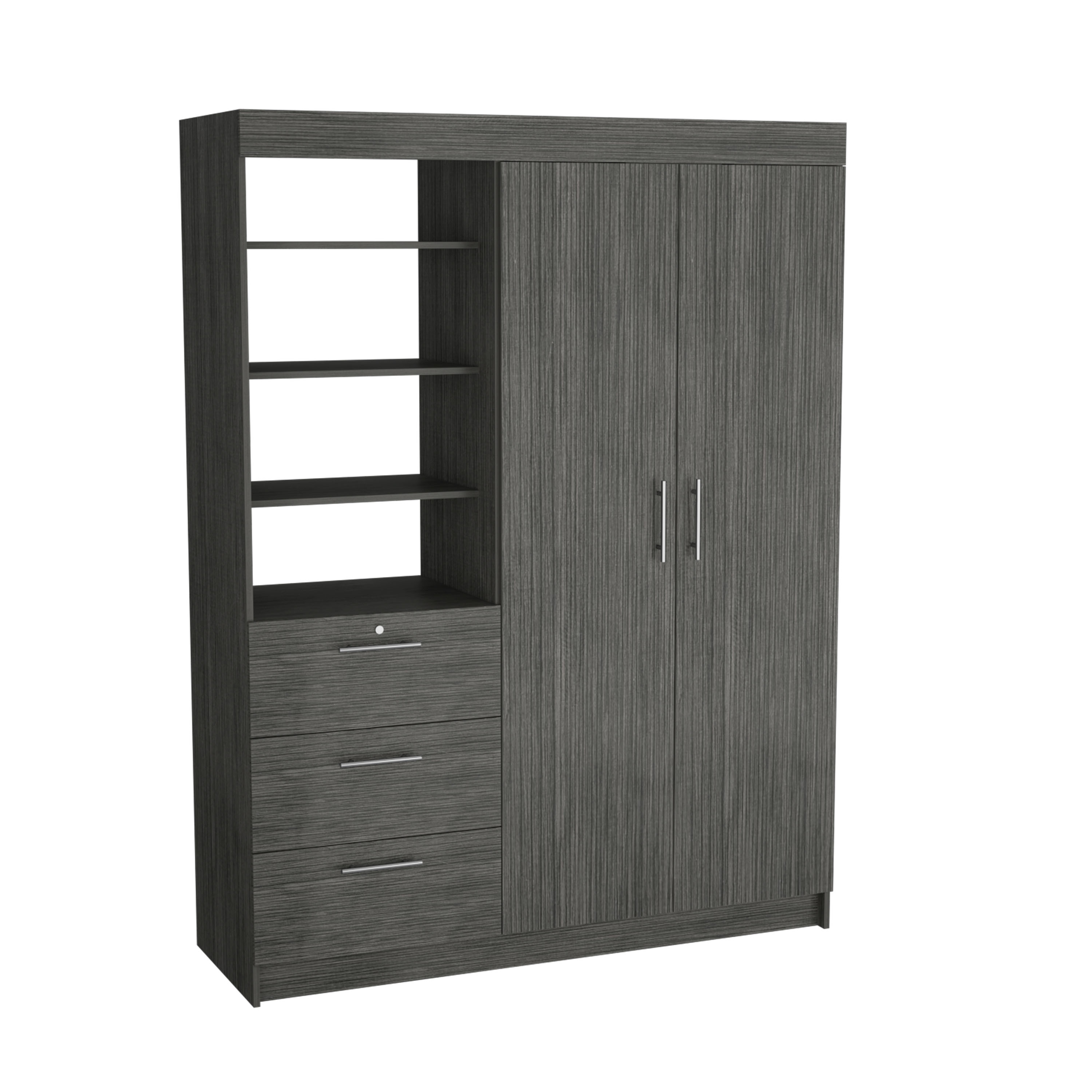 Kenya Armoire with Double Door, Three Drawers, 3-Tier Shelf and double hanging Rod Smokey Oak