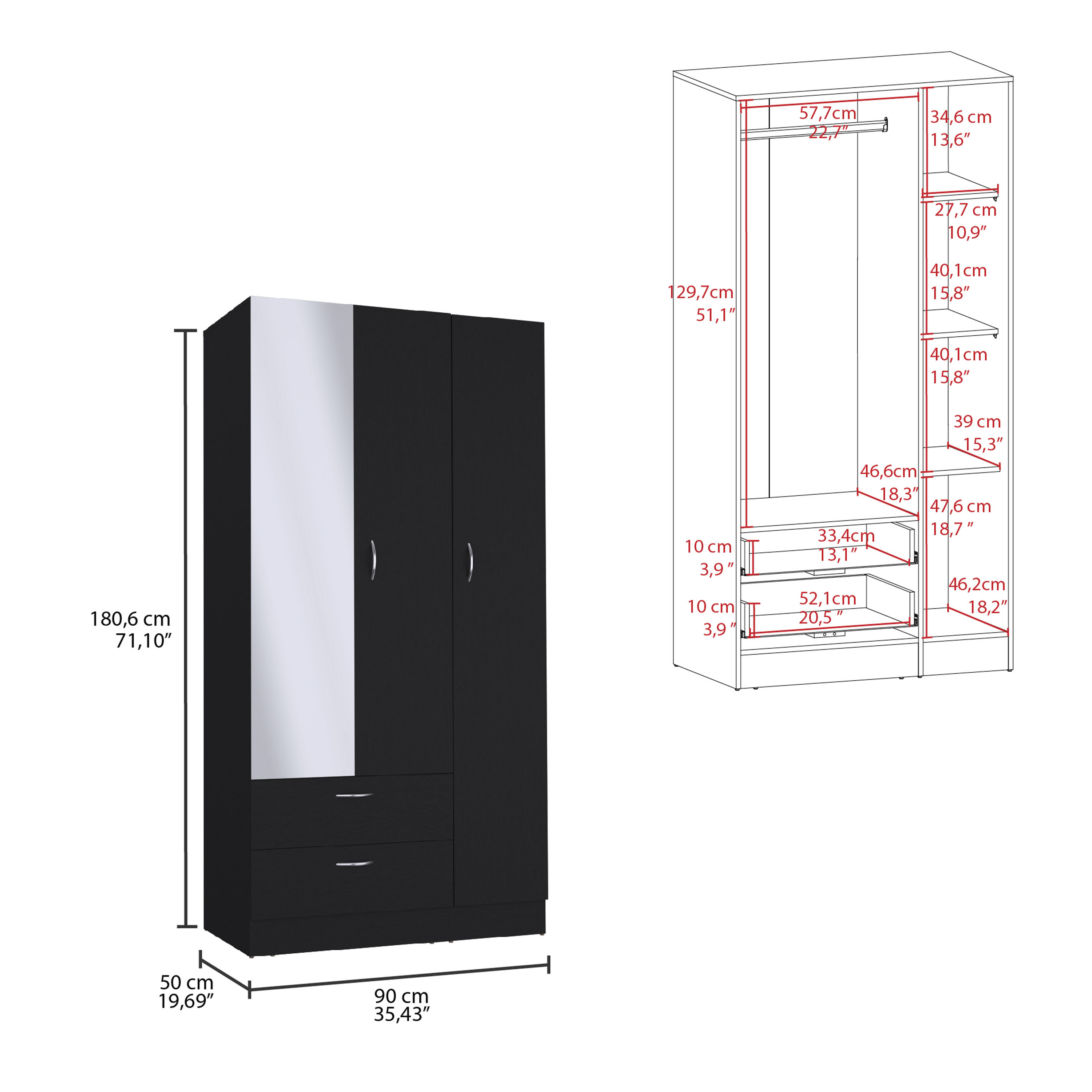 Riverside 3 Door Mirrored Armoire with Two Drawers, Four Shelves, and Hanging Rod Black