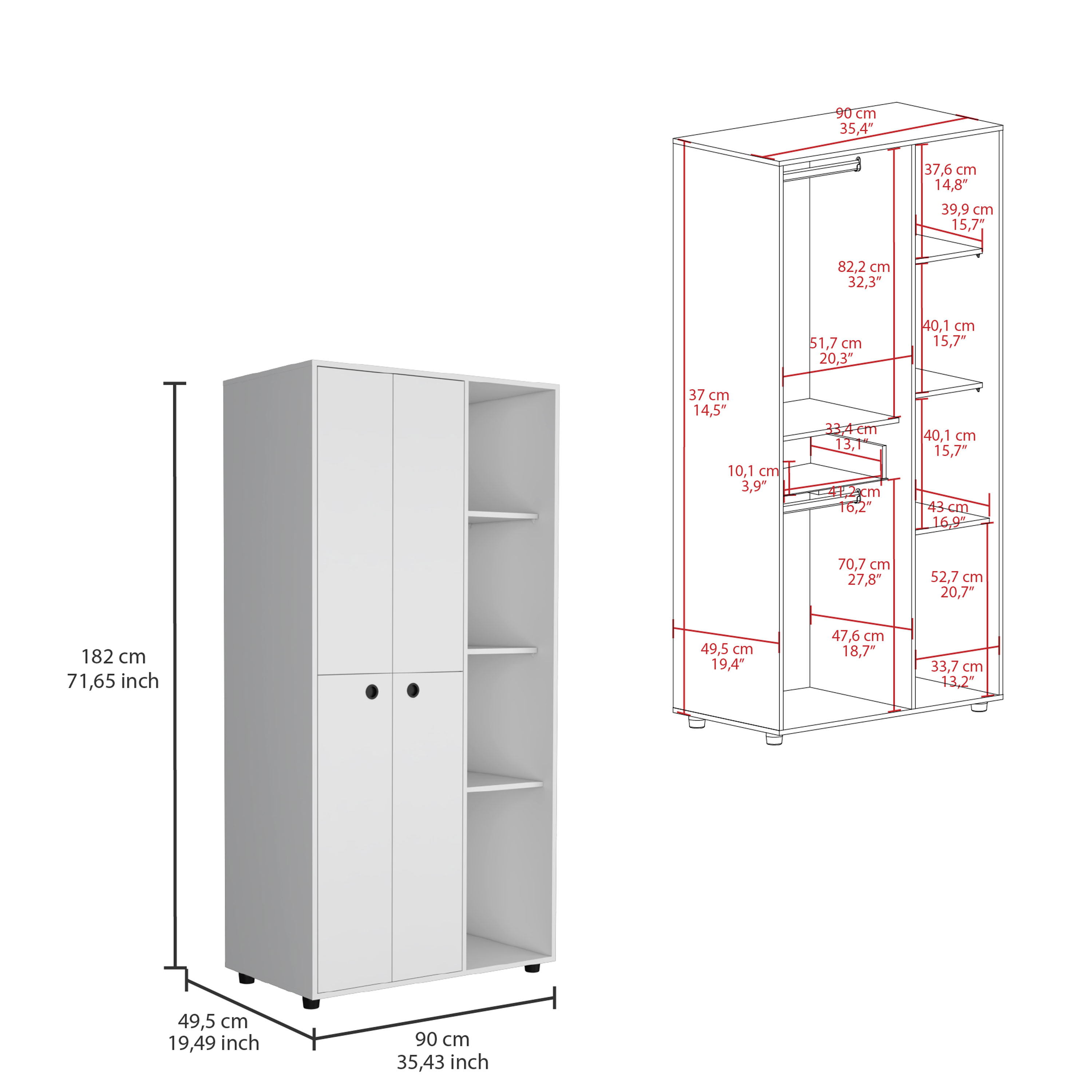 Misuri Wardrobe Armoire with Double Door, Drawer, Hanging Rod, and Open Shelves White