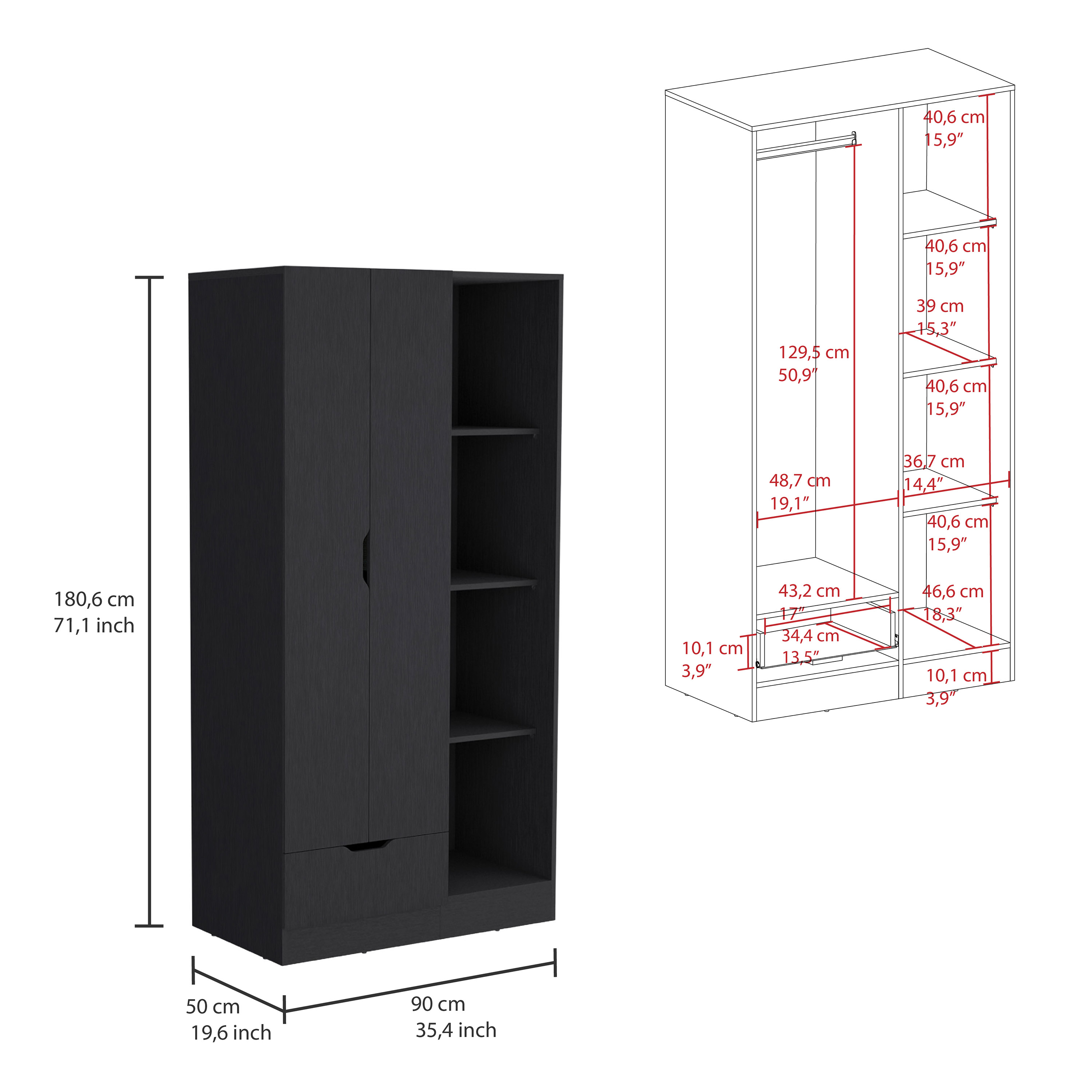 Memphis Wardrobe Armoire with 4-Tier Storage Shelves and 1 Drawer Black