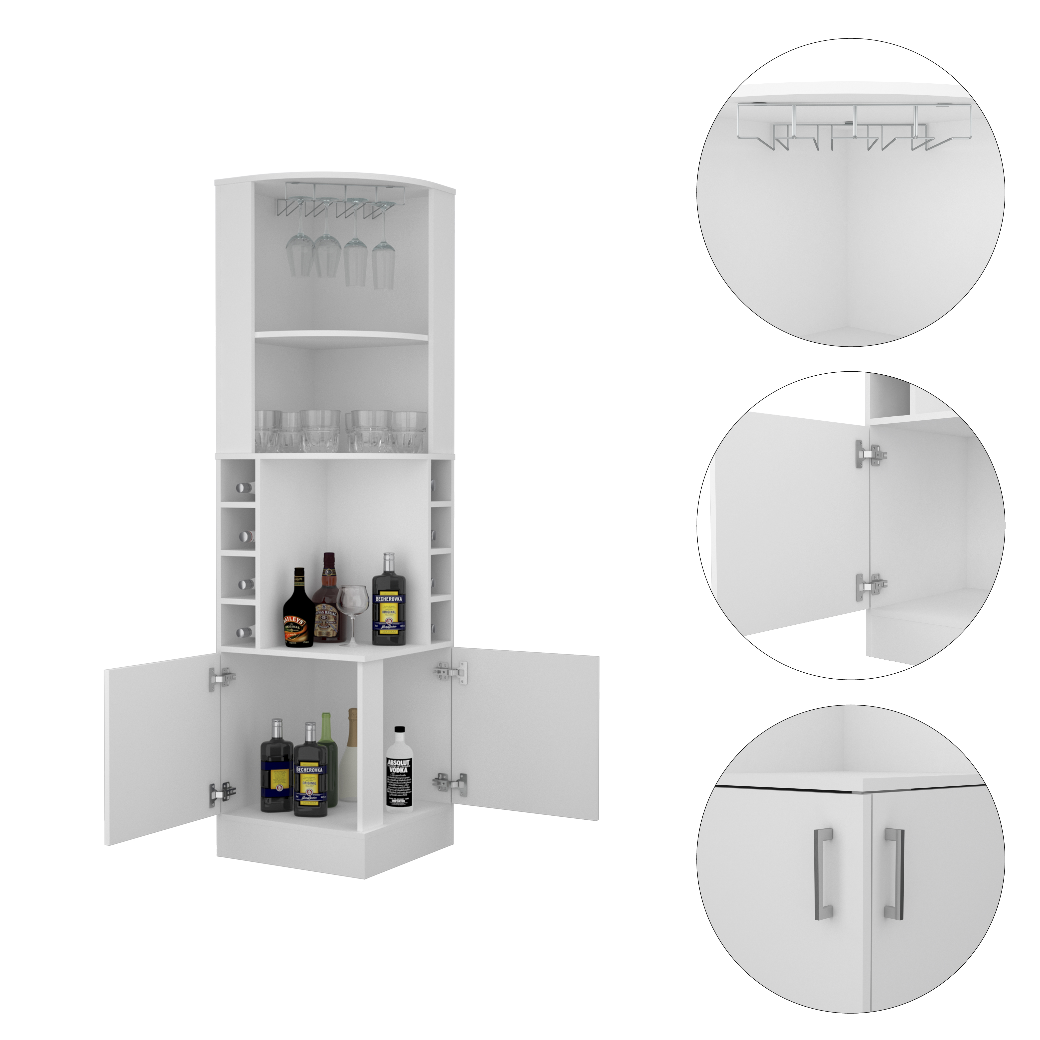 Syrah Corner Bar Cabinet, Two External Shelves White