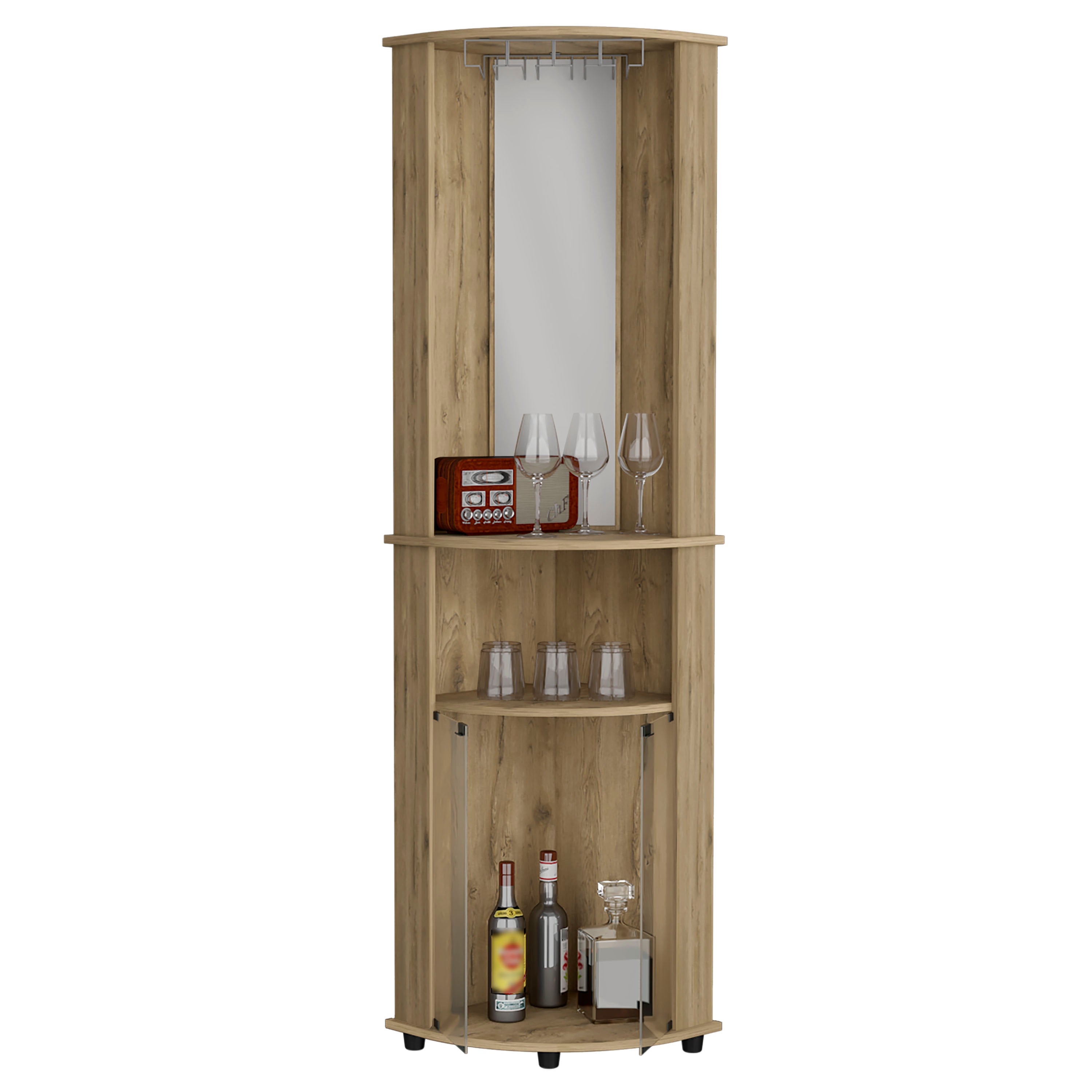 Chicago 75" H Mirrored Corner Bar Cabinet, With Glass Doors, Two Shelves and Stemware Macadamia