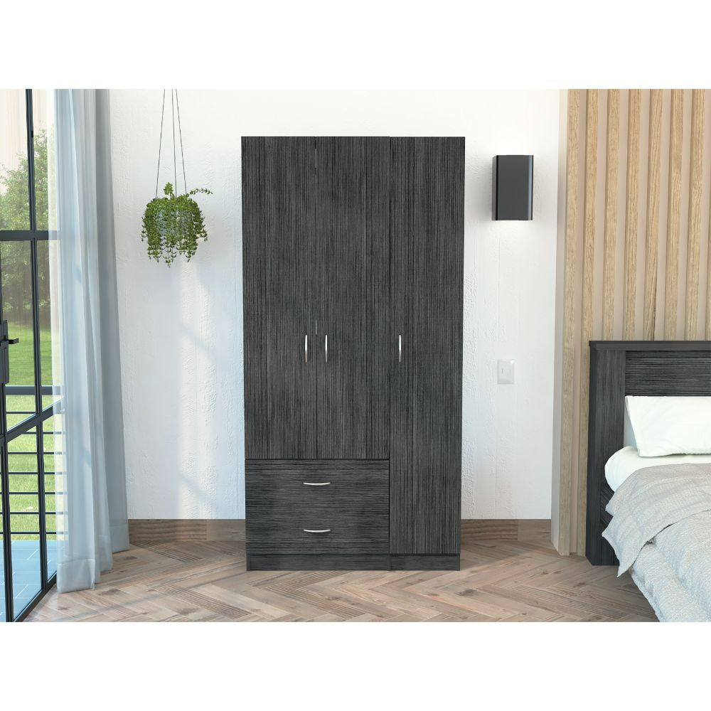 Austral 3 Door Armoire with Two Drawers, Shelves, and Hanging Rod - Smokey Oak . White