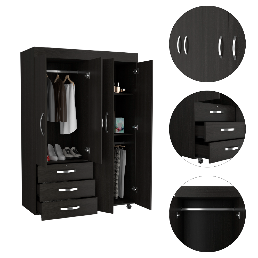 Denver Mobile Armoire, with hanging Rods, Double Door Cabinet, Three Drawers, Two Shelves Black