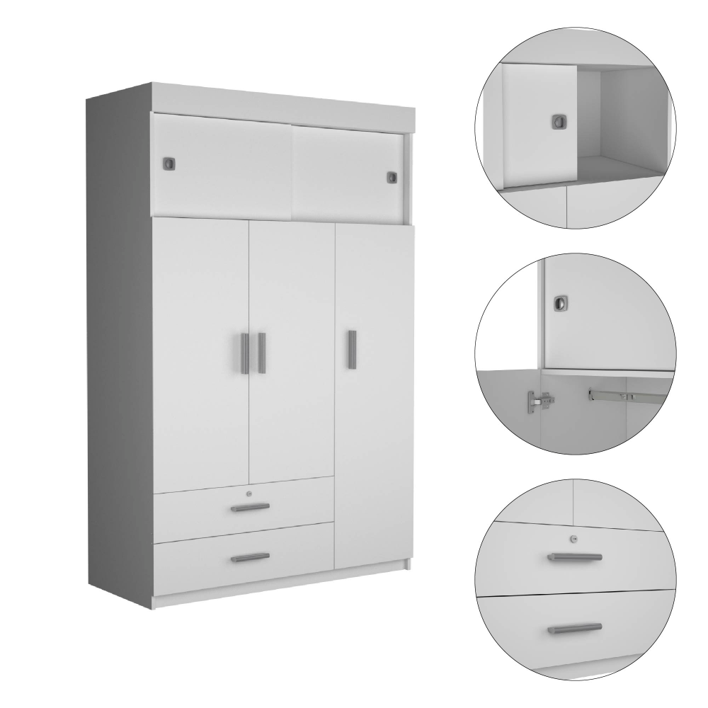 Chile Armoire, Rod, Three Door Cabinet, Two Drawers, Two Superior Adjustable Shelves, Metal Hardware- White