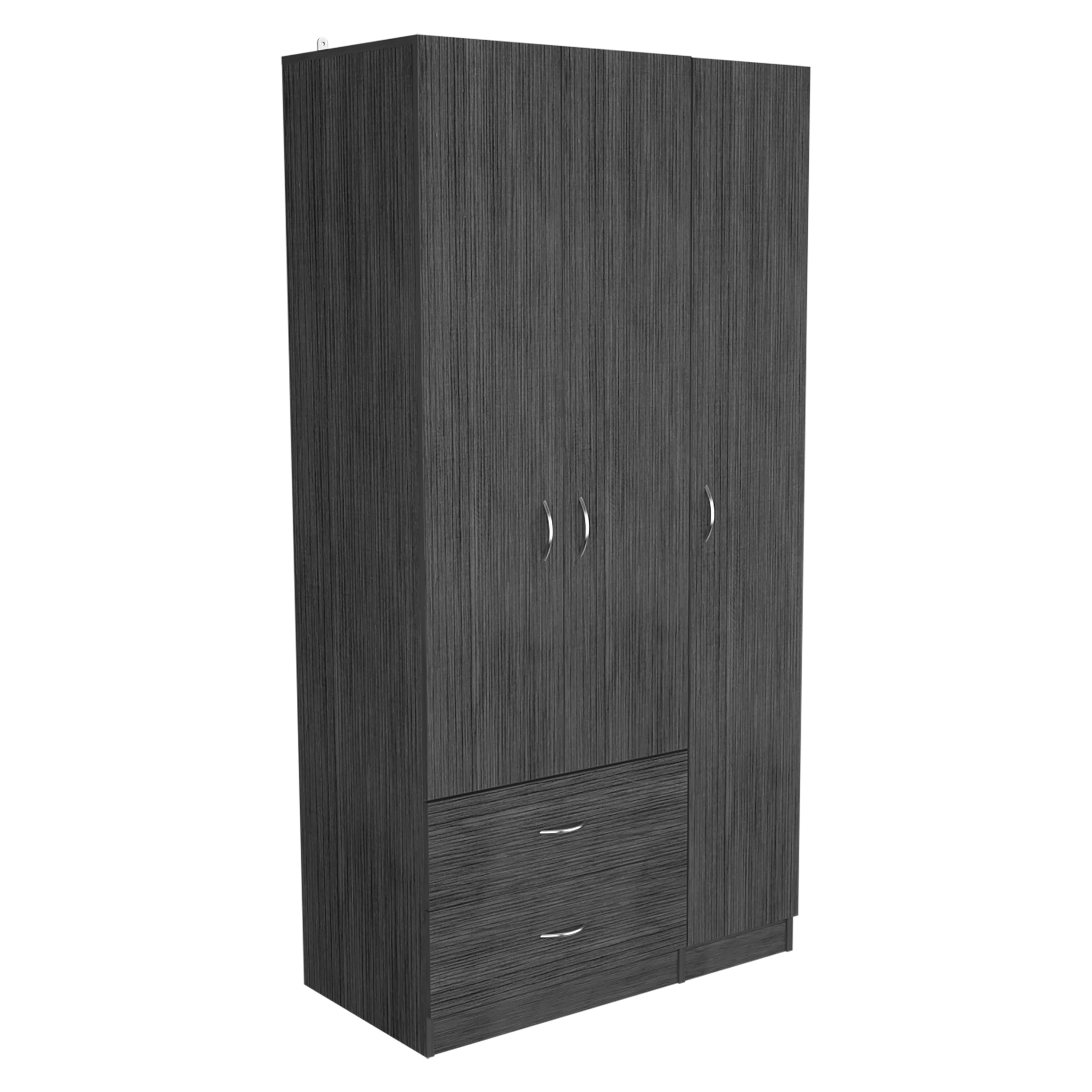 Austral 3 Door Armoire with Two Drawers, Shelves, and Hanging Rod - Smokey Oak . White