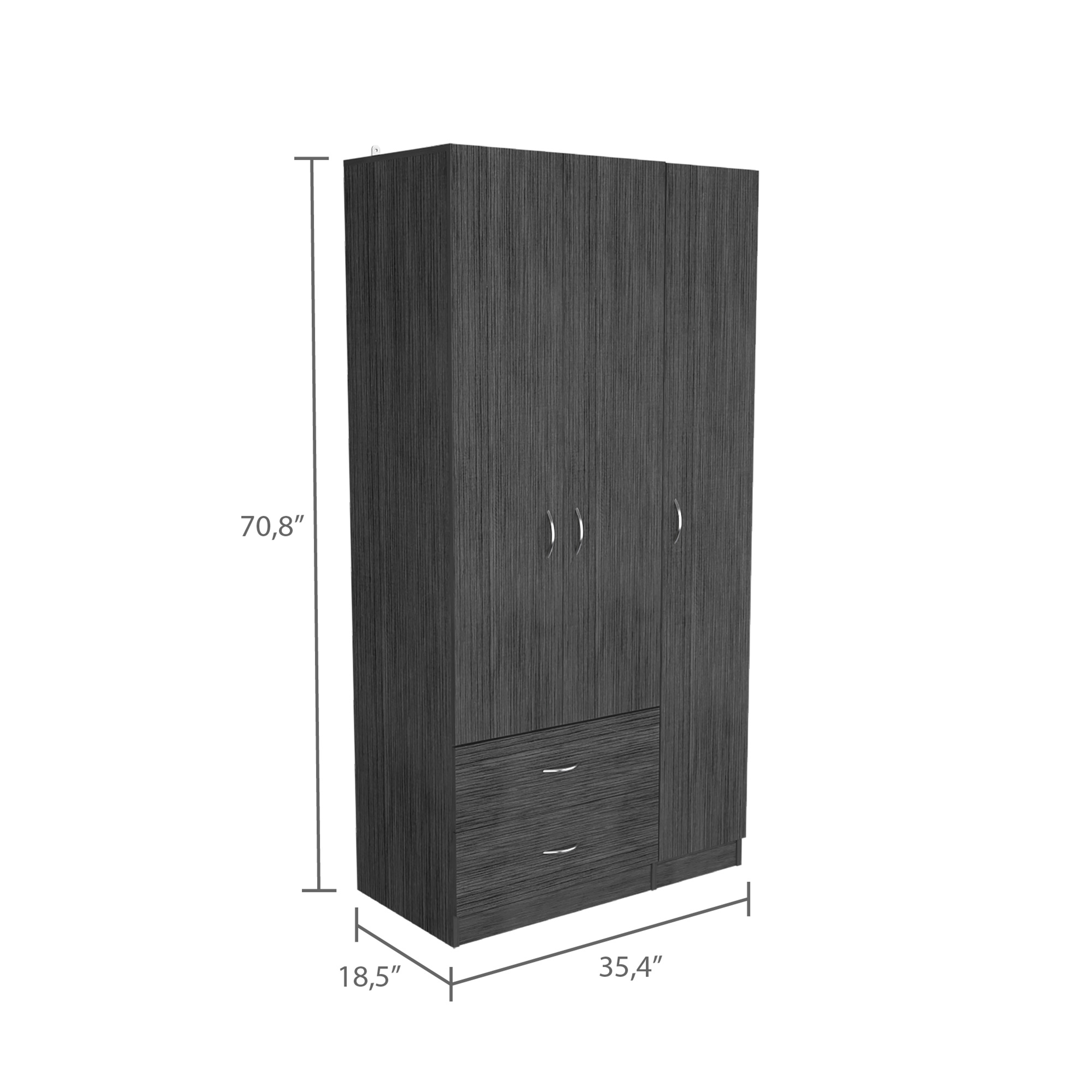 Austral 3 Door Armoire with Two Drawers, Shelves, and Hanging Rod - Smokey Oak . White