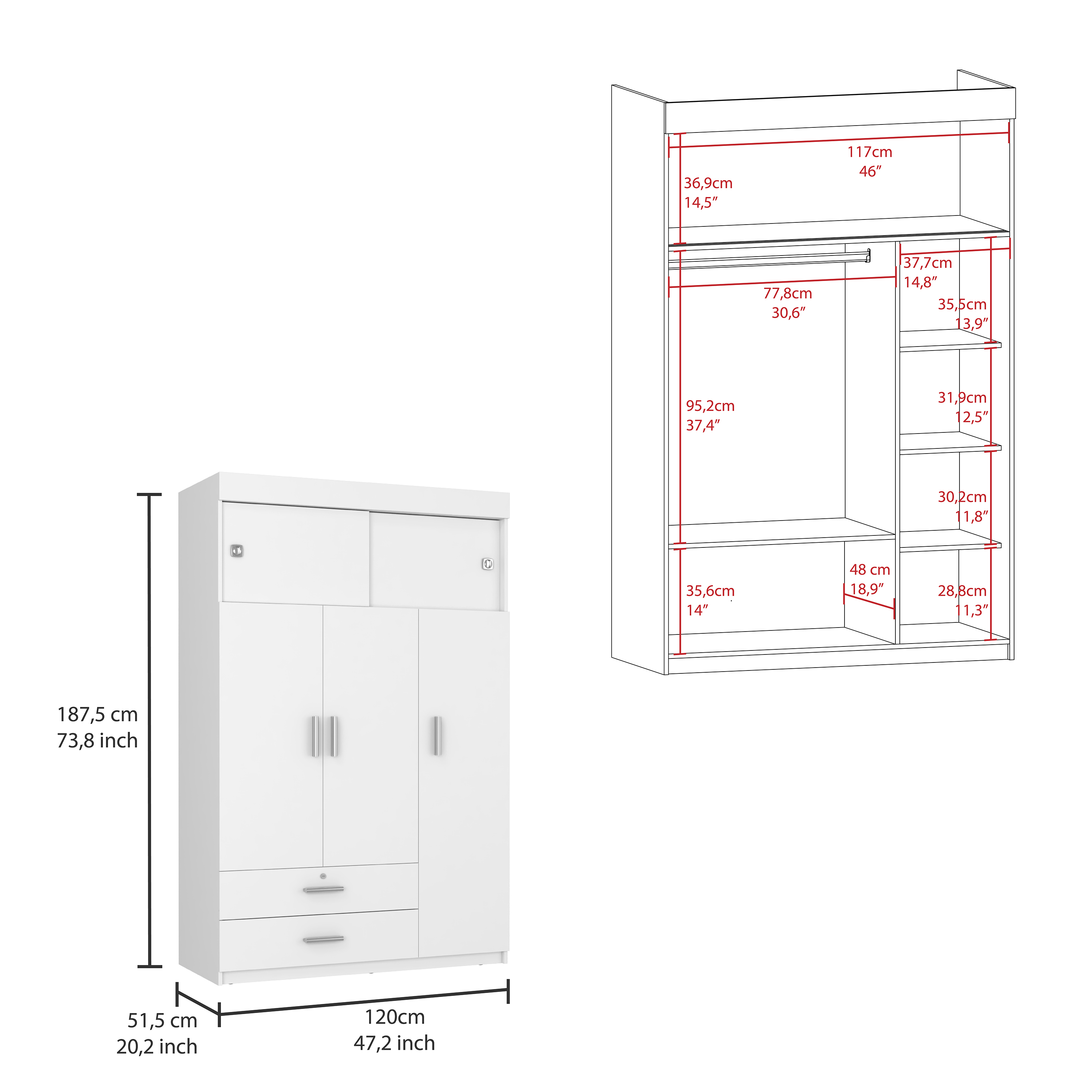 Chile Armoire, Rod, Three Door Cabinet, Two Drawers, Two Superior Adjustable Shelves, Metal Hardware- White