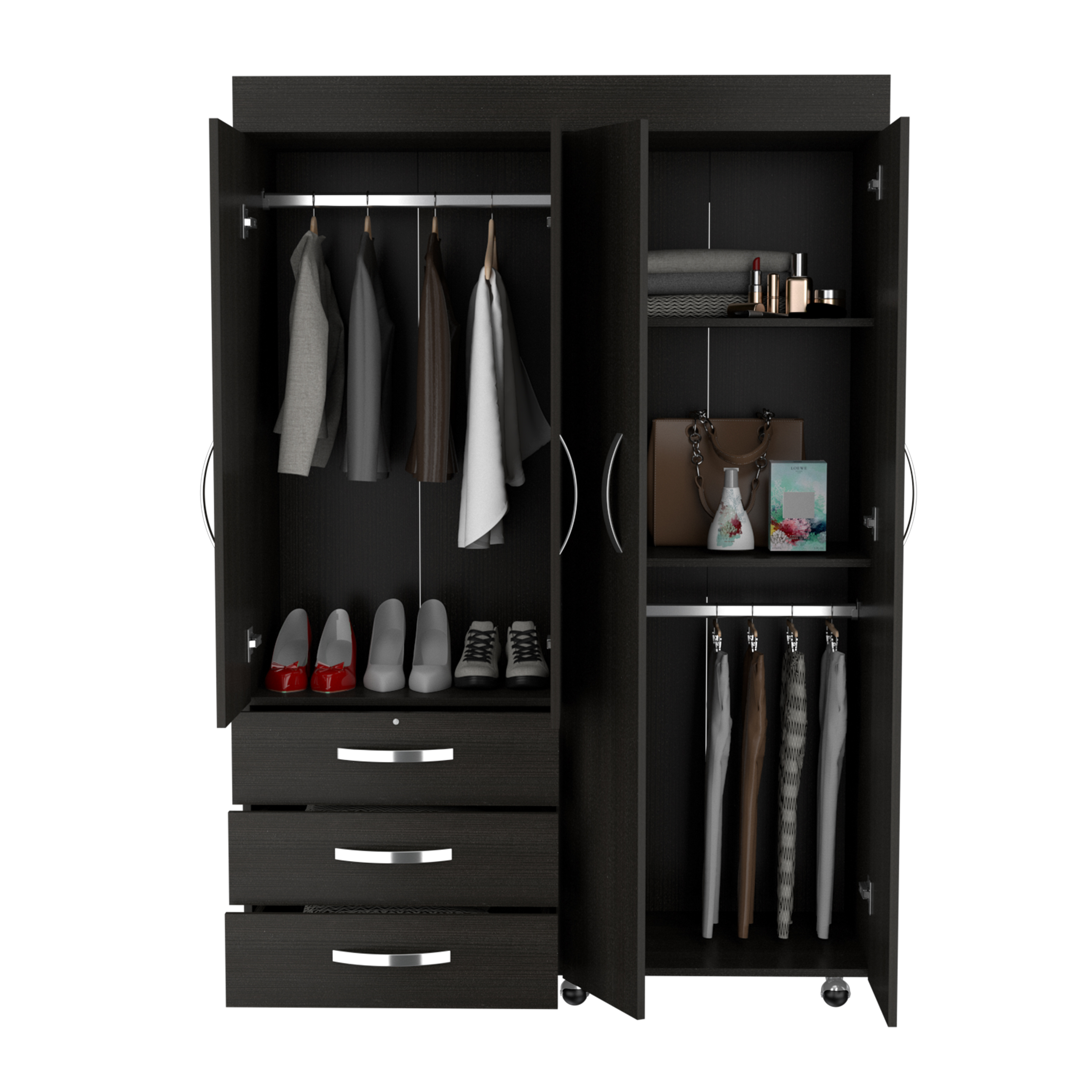 Denver Mobile Armoire, with hanging Rods, Double Door Cabinet, Three Drawers, Two Shelves Black