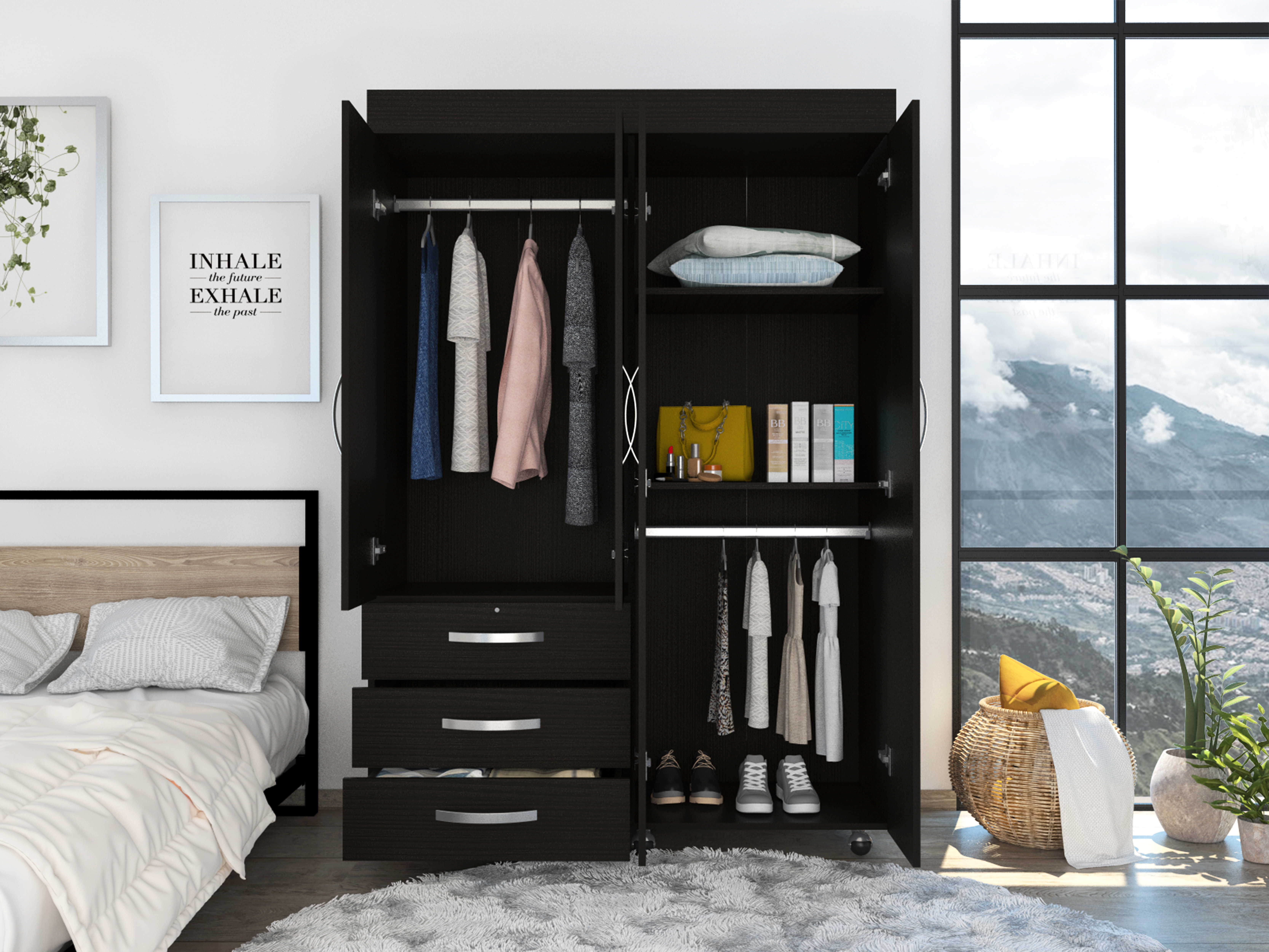 Denver Mobile Armoire, with hanging Rods, Double Door Cabinet, Three Drawers, Two Shelves Black