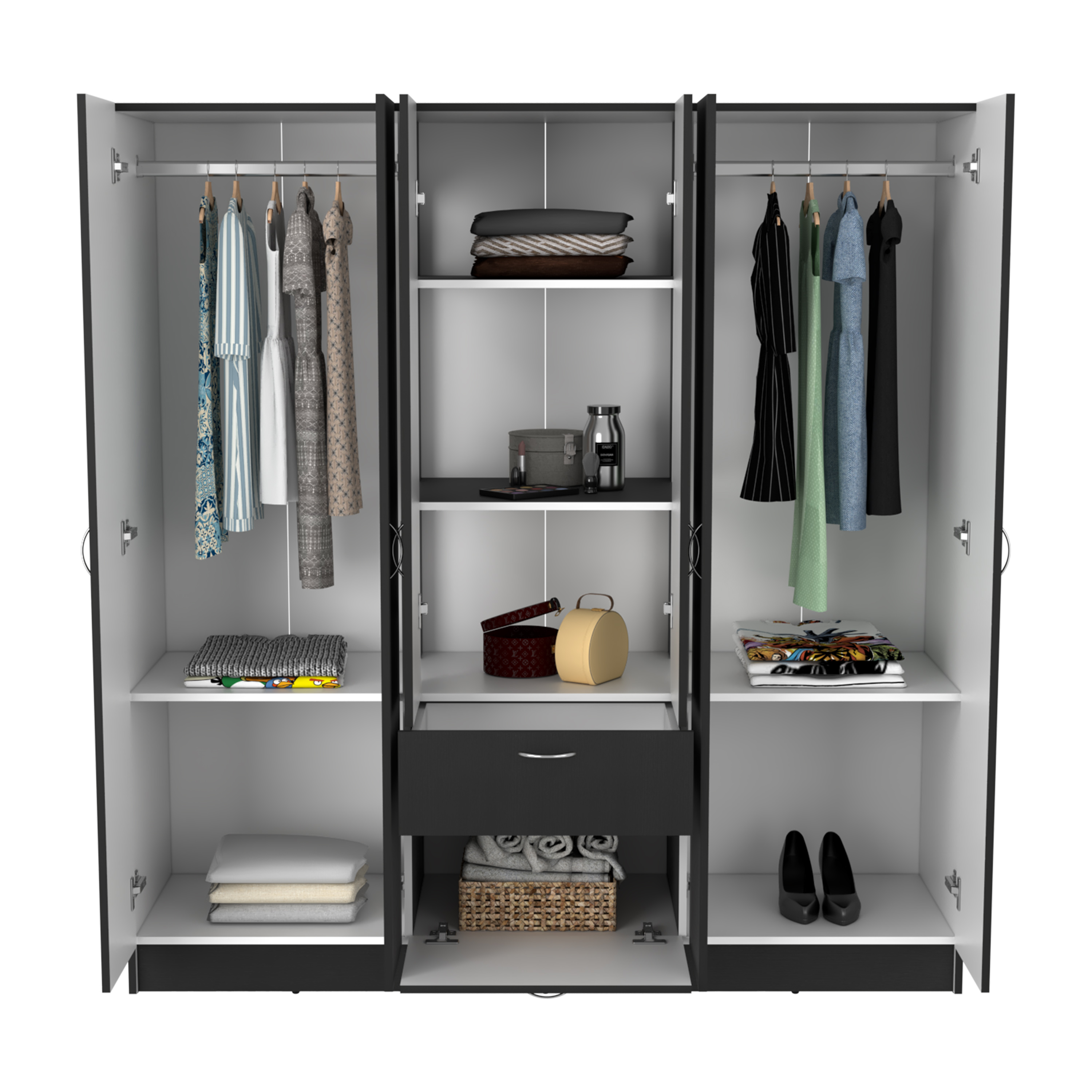 Mitu Six Doors Armoire, Seven Interior Shelves, One Drawer, Rod Black / White