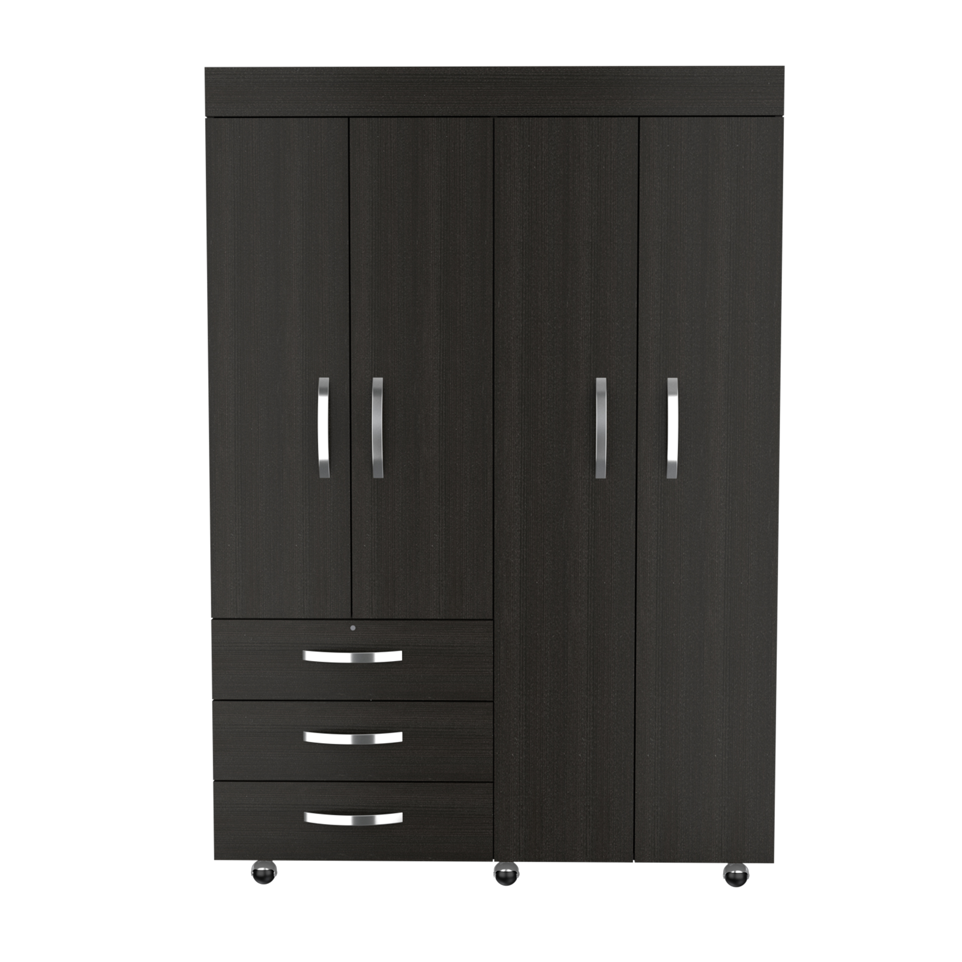 Denver Mobile Armoire, with hanging Rods, Double Door Cabinet, Three Drawers, Two Shelves Black