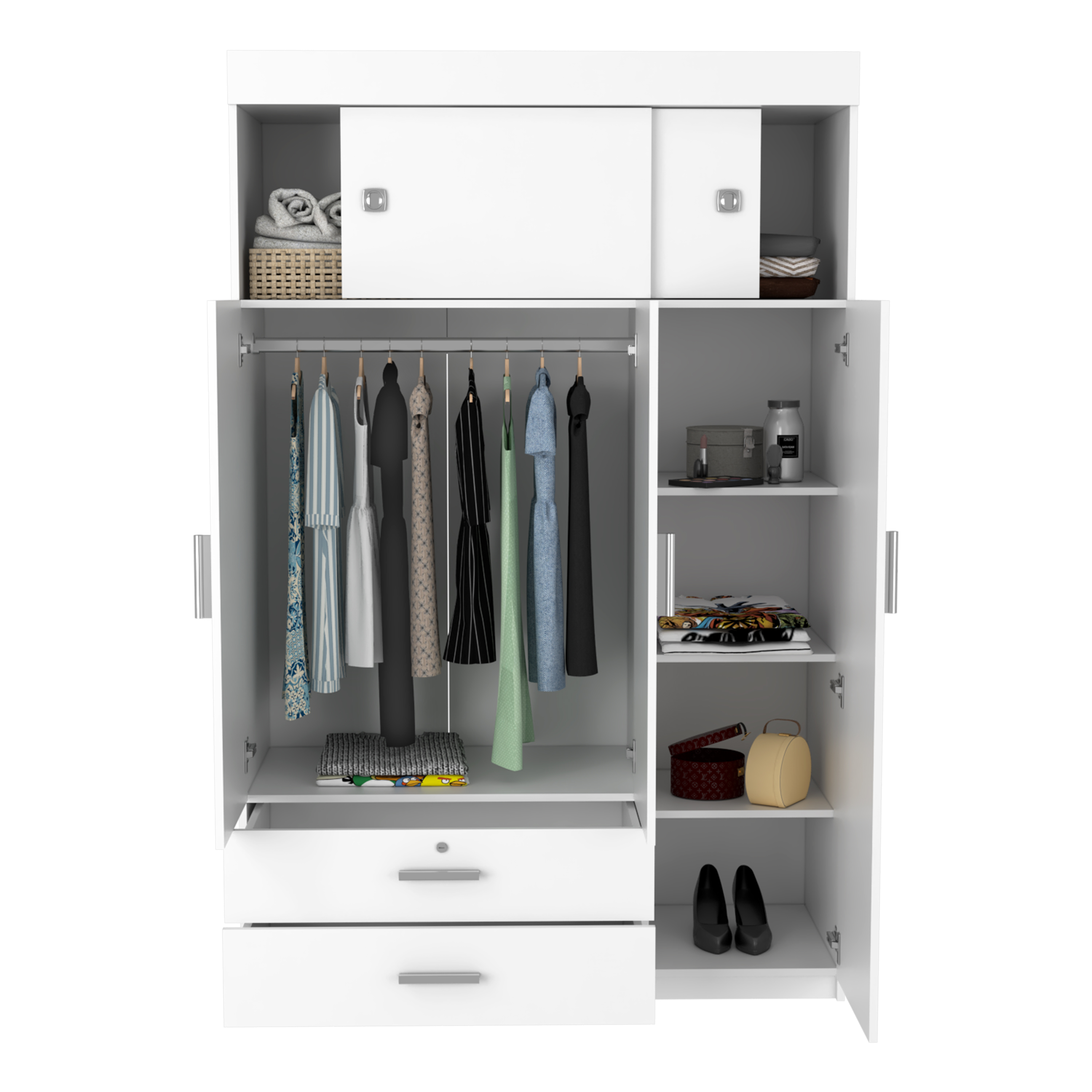 Chile Armoire, Rod, Three Door Cabinet, Two Drawers, Two Superior Adjustable Shelves, Metal Hardware- White