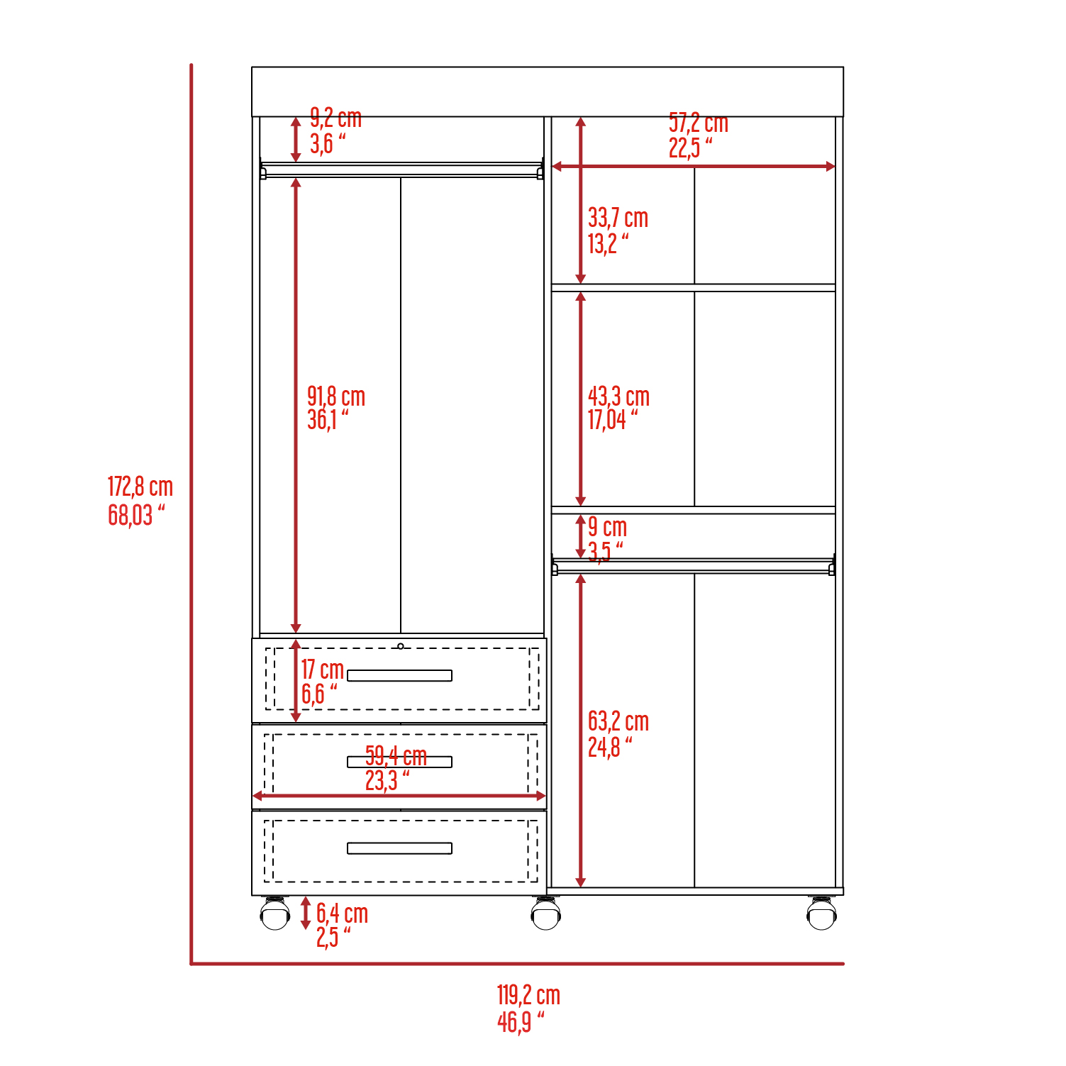 Denver Mobile Armoire, with hanging Rods, Double Door Cabinet, Three Drawers, Two Shelves Black