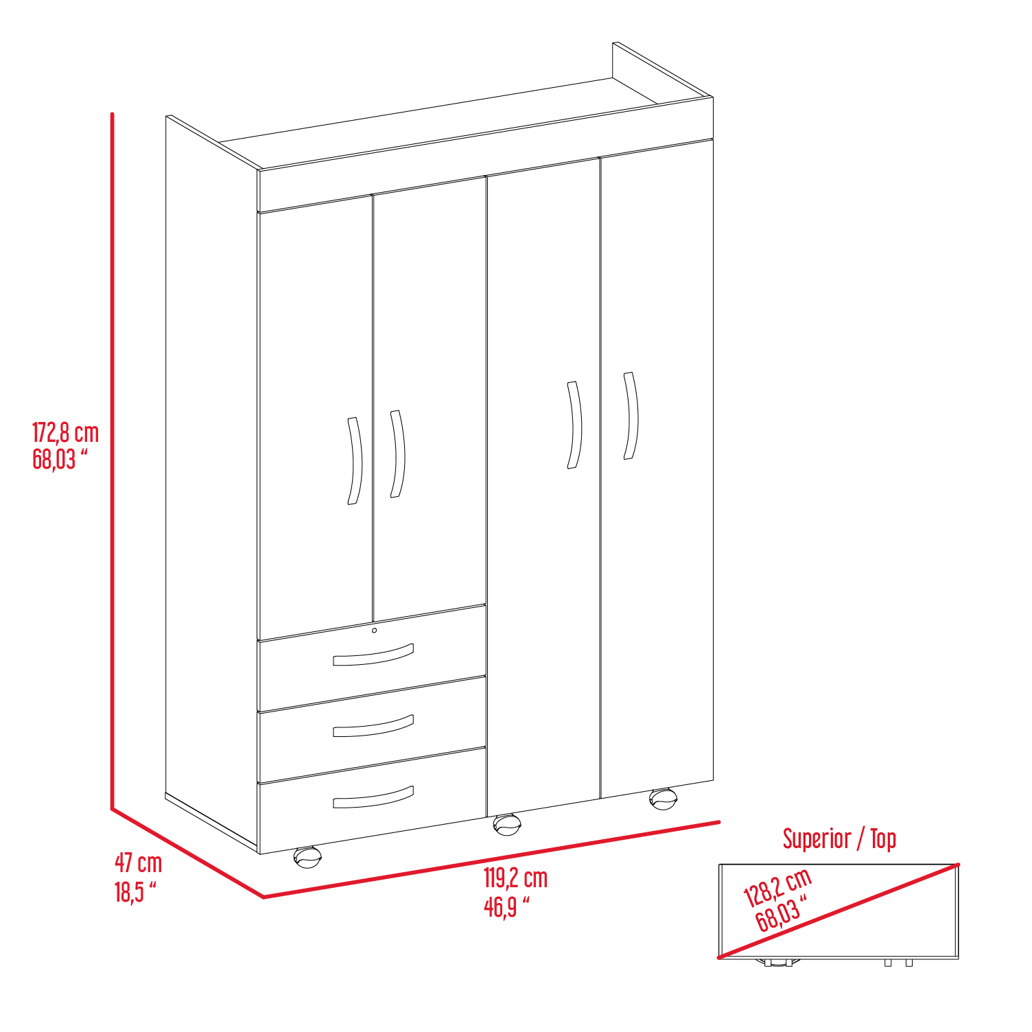 Denver Mobile Armoire, with hanging Rods, Double Door Cabinet, Three Drawers, Two Shelves Black