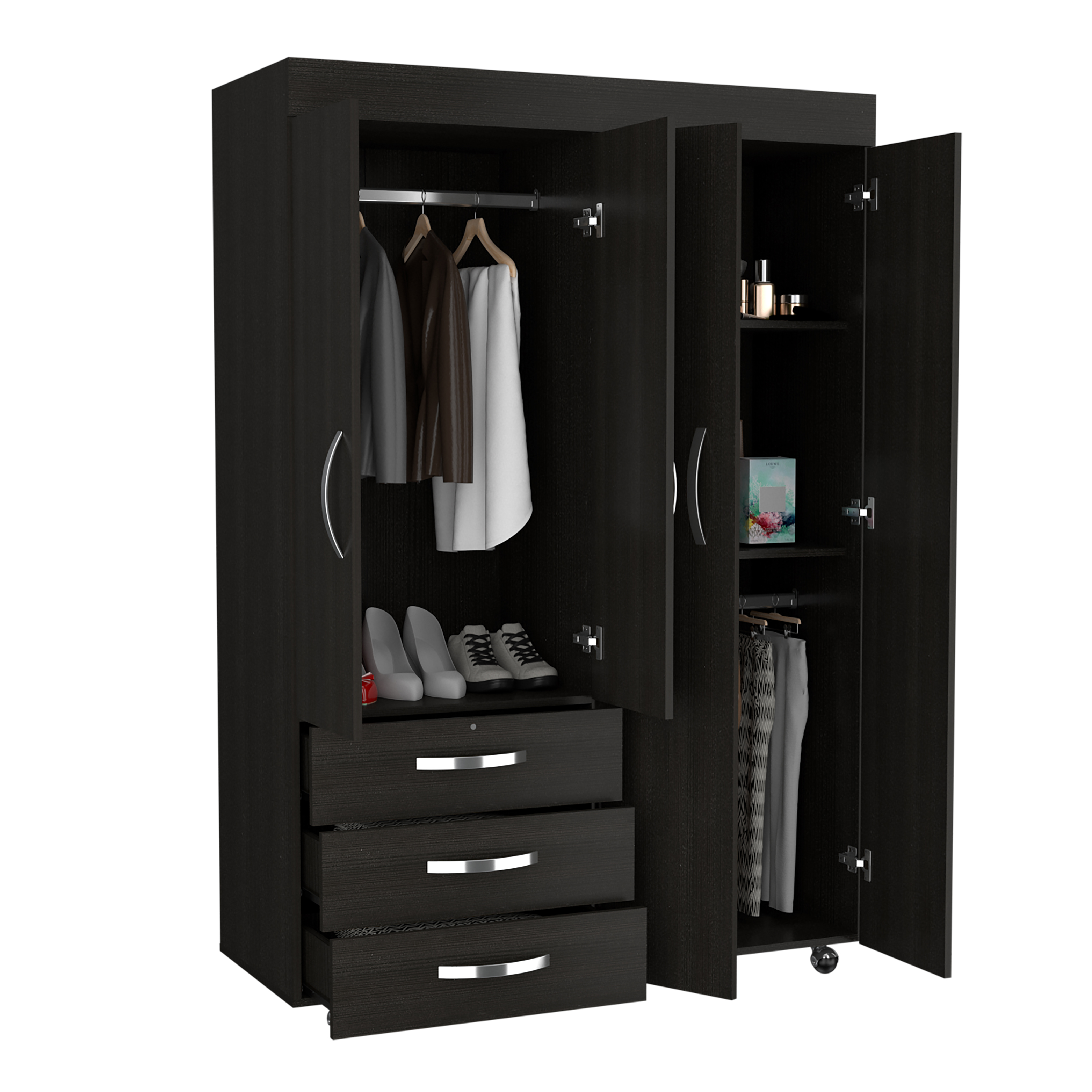 Denver Mobile Armoire, with hanging Rods, Double Door Cabinet, Three Drawers, Two Shelves Black