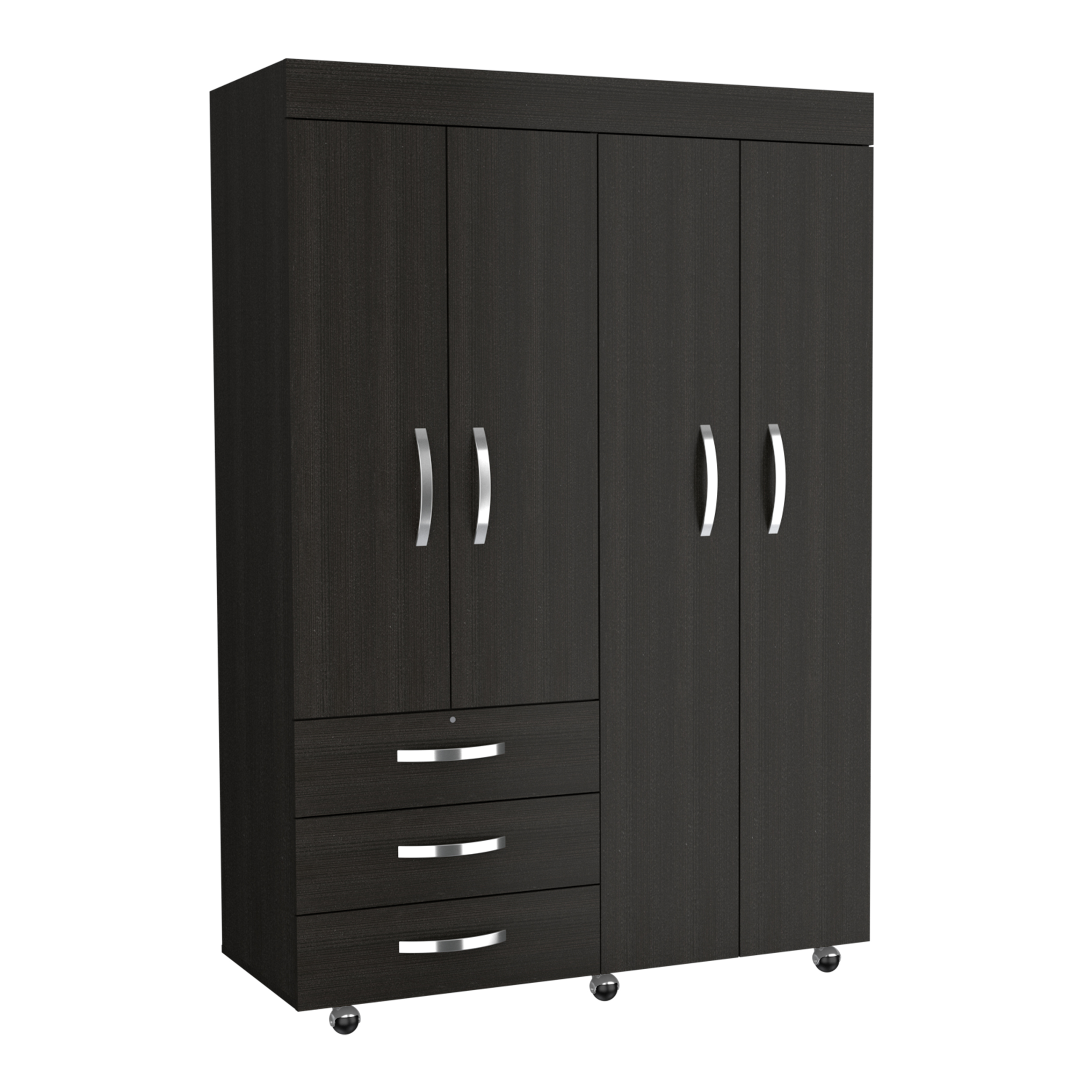 Denver Mobile Armoire, with hanging Rods, Double Door Cabinet, Three Drawers, Two Shelves Black