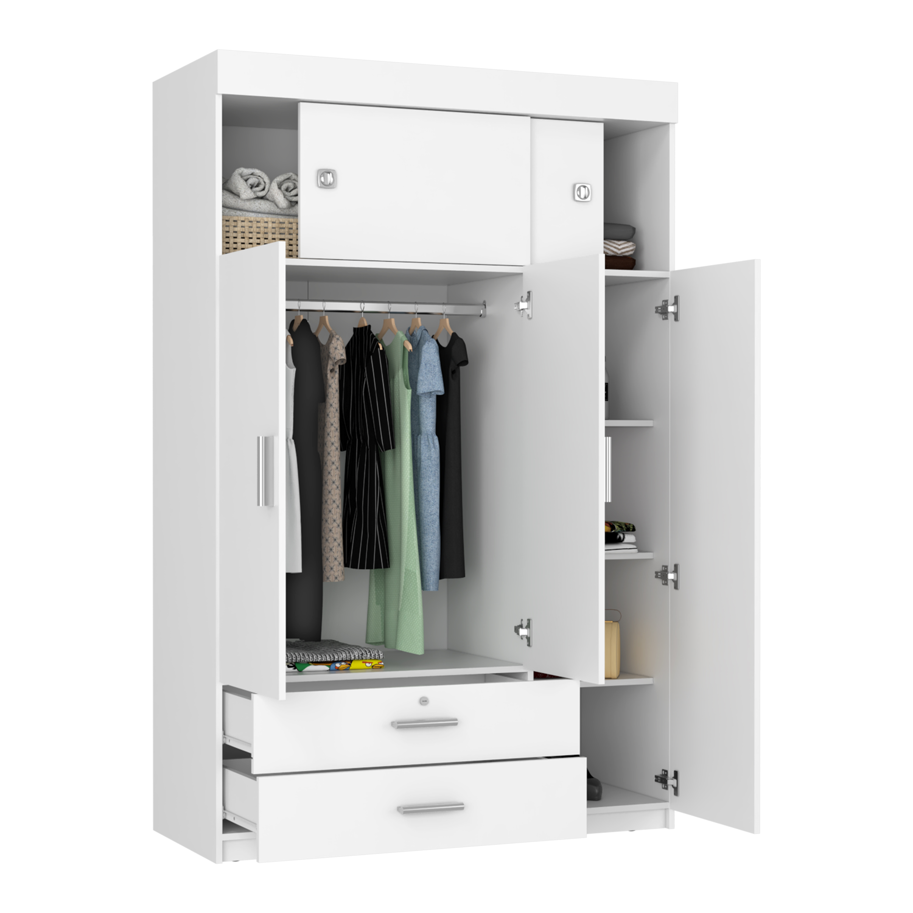 Chile Armoire, Rod, Three Door Cabinet, Two Drawers, Two Superior Adjustable Shelves, Metal Hardware- White