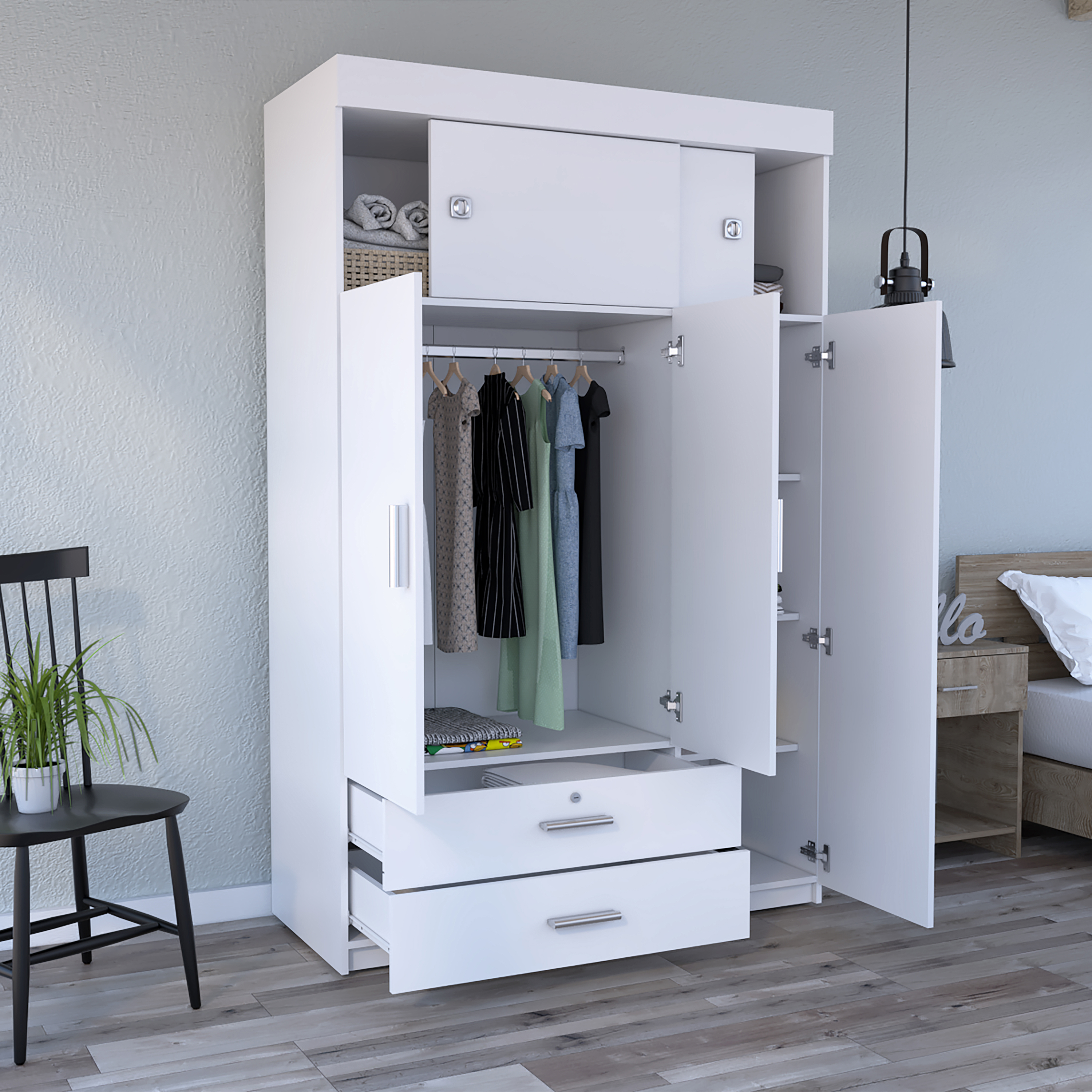 Chile Armoire, Rod, Three Door Cabinet, Two Drawers, Two Superior Adjustable Shelves, Metal Hardware- White