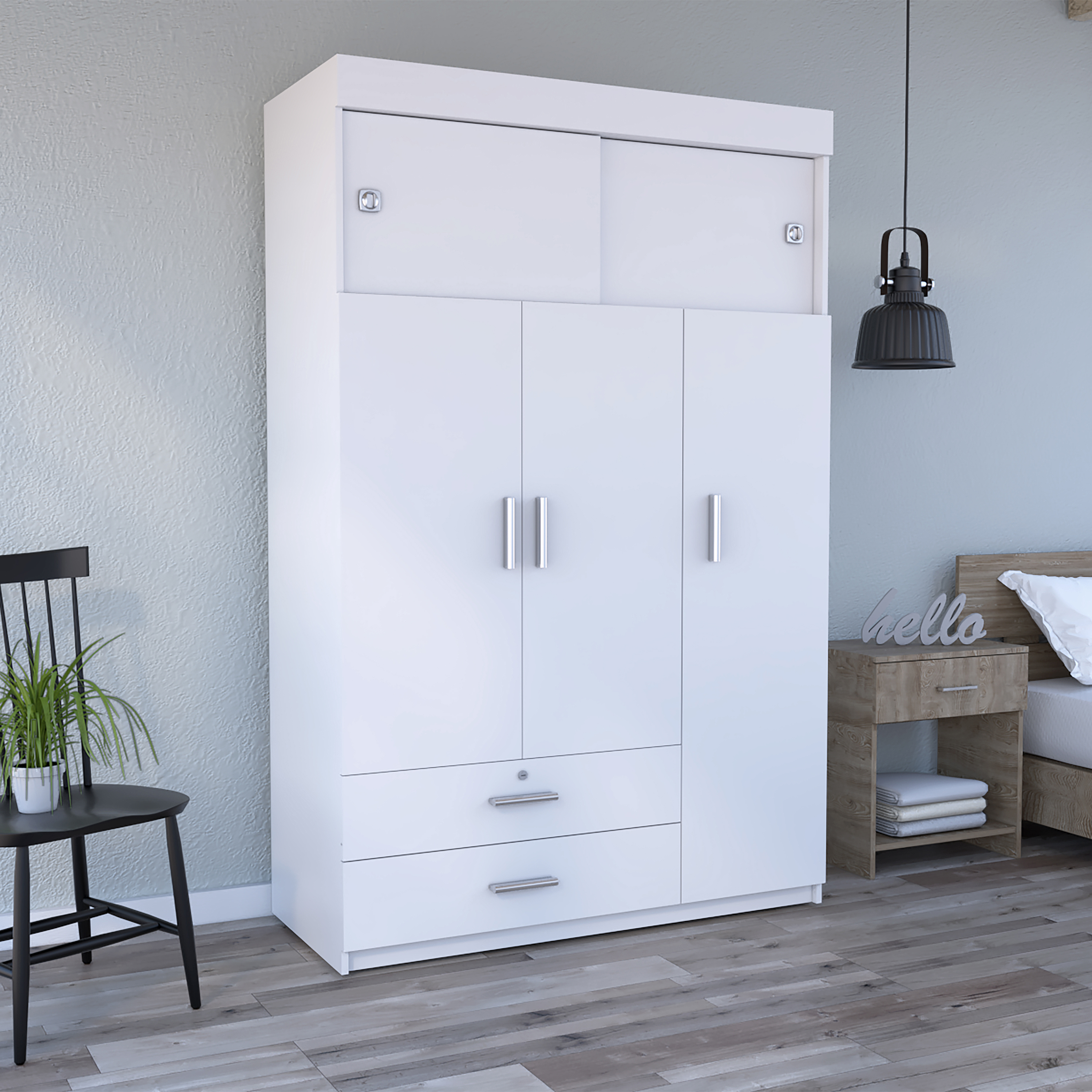 Chile Armoire, Rod, Three Door Cabinet, Two Drawers, Two Superior Adjustable Shelves, Metal Hardware- White