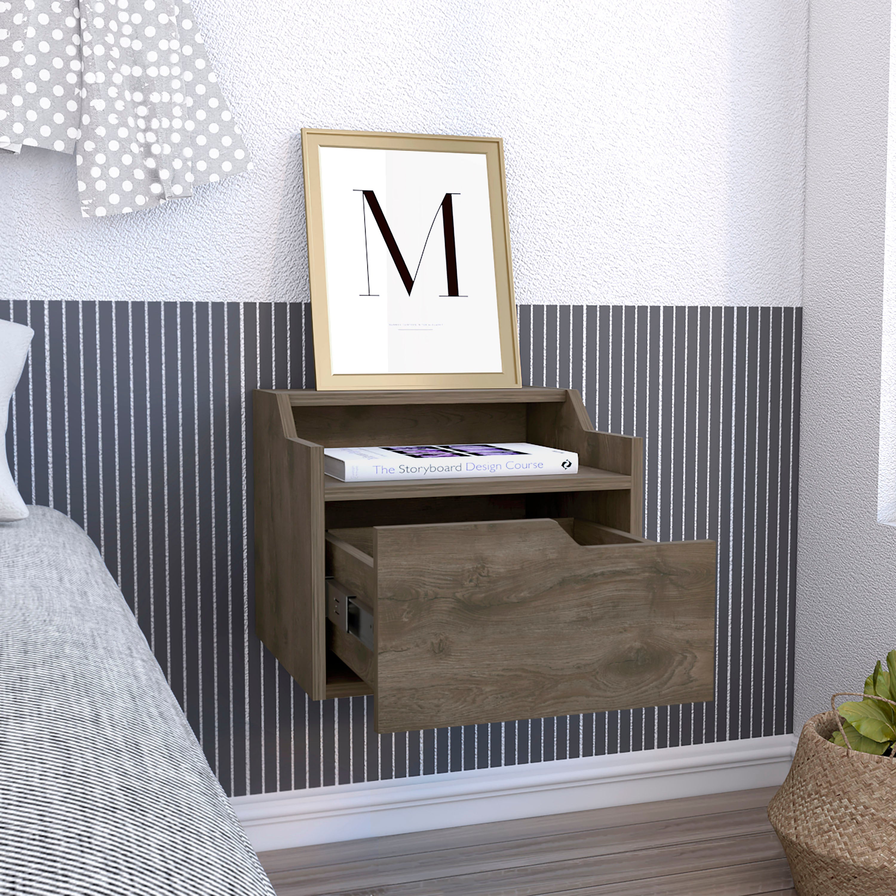 TUHOME Busan Modern Floating Nightstand, Single-Drawer Design with Sleek Two-Tiered Top Shelf Surfaces- Dark Brown - Bedroom