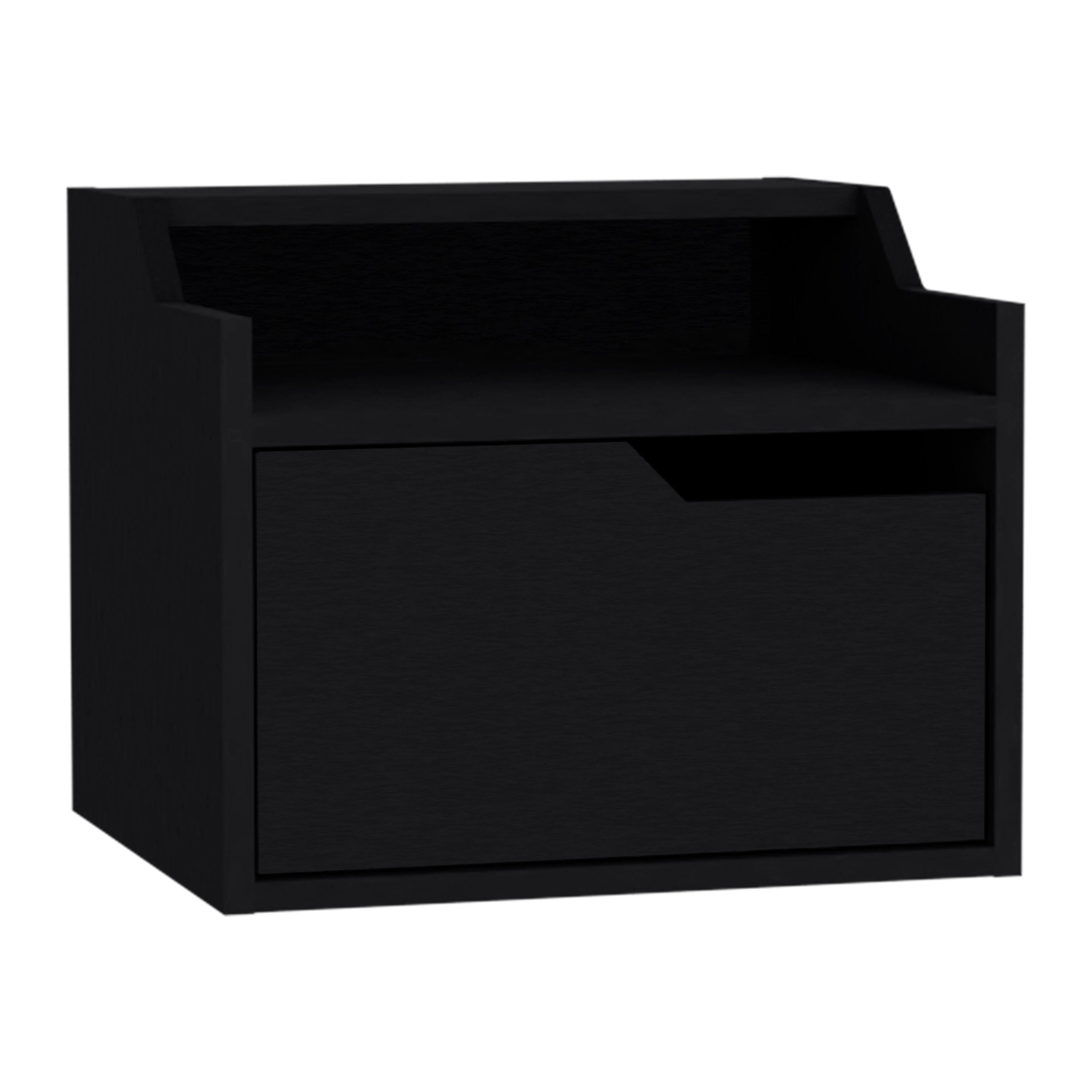 TUHOME Busan Modern Floating Nightstand, Single-Drawer Design with Sleek Two-Tiered Top Shelf Surfaces- Black - Bedroom