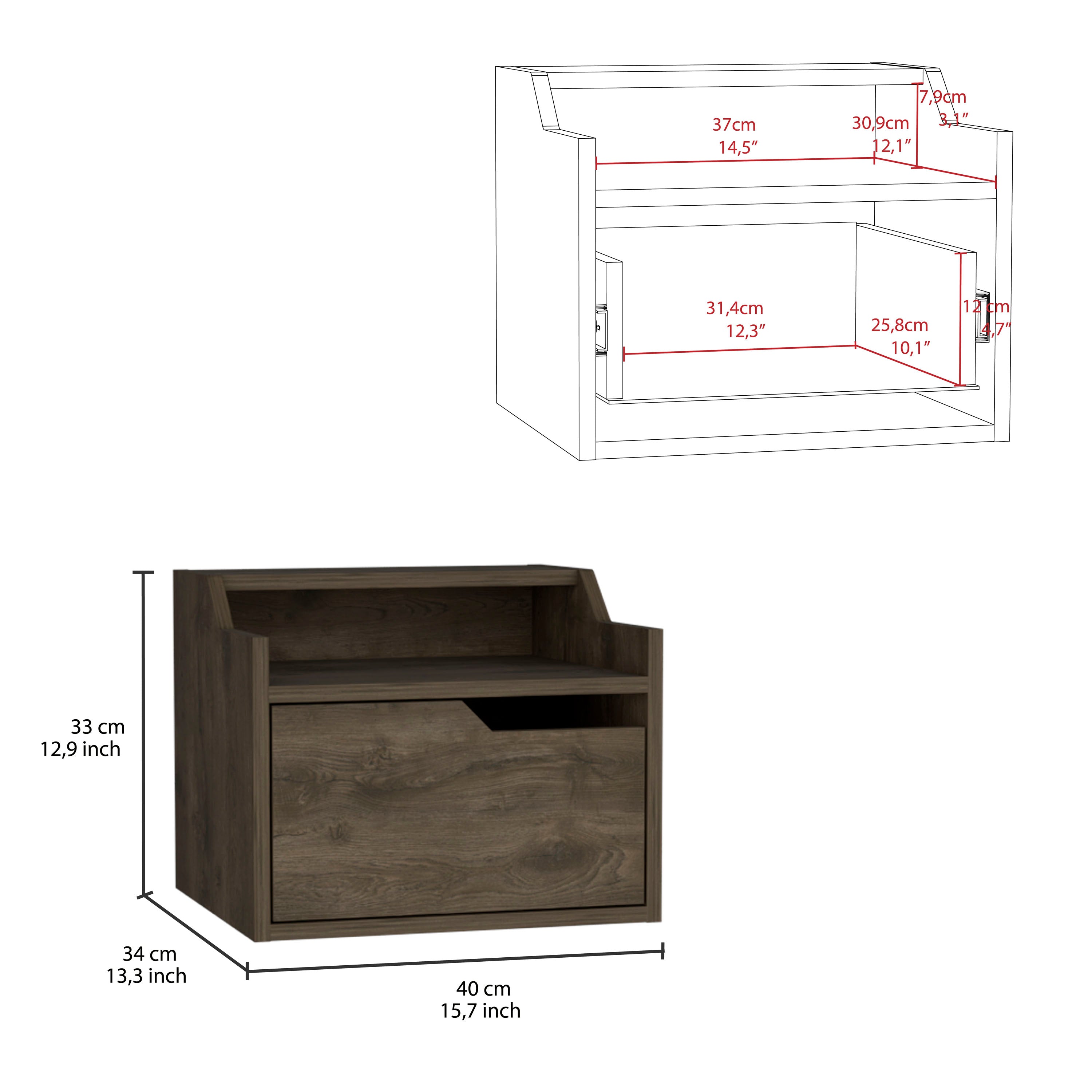 TUHOME Busan Modern Floating Nightstand, Single-Drawer Design with Sleek Two-Tiered Top Shelf Surfaces- Dark Brown - Bedroom