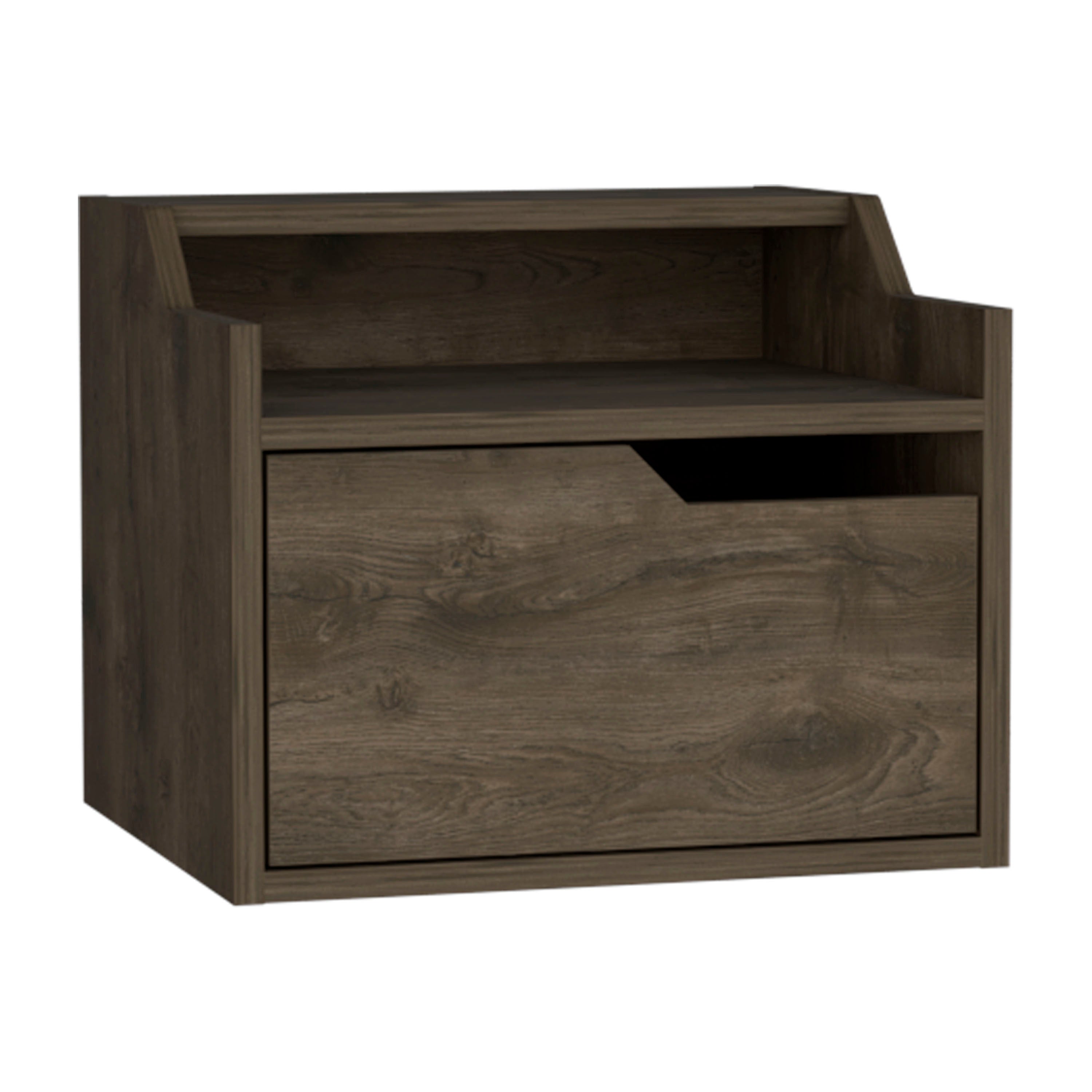 TUHOME Busan Modern Floating Nightstand, Single-Drawer Design with Sleek Two-Tiered Top Shelf Surfaces- Dark Brown - Bedroom