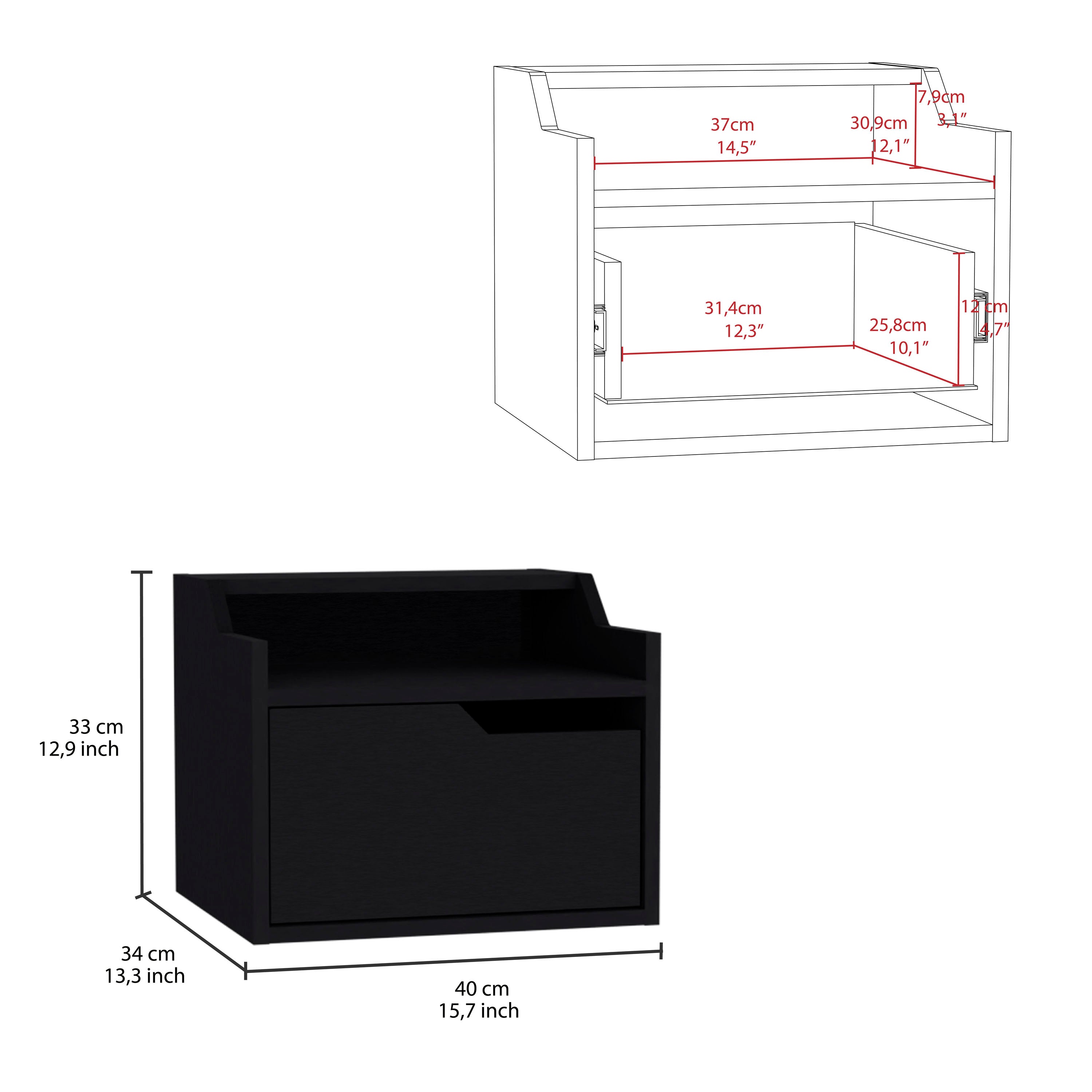 TUHOME Busan Modern Floating Nightstand, Single-Drawer Design with Sleek Two-Tiered Top Shelf Surfaces- Black - Bedroom