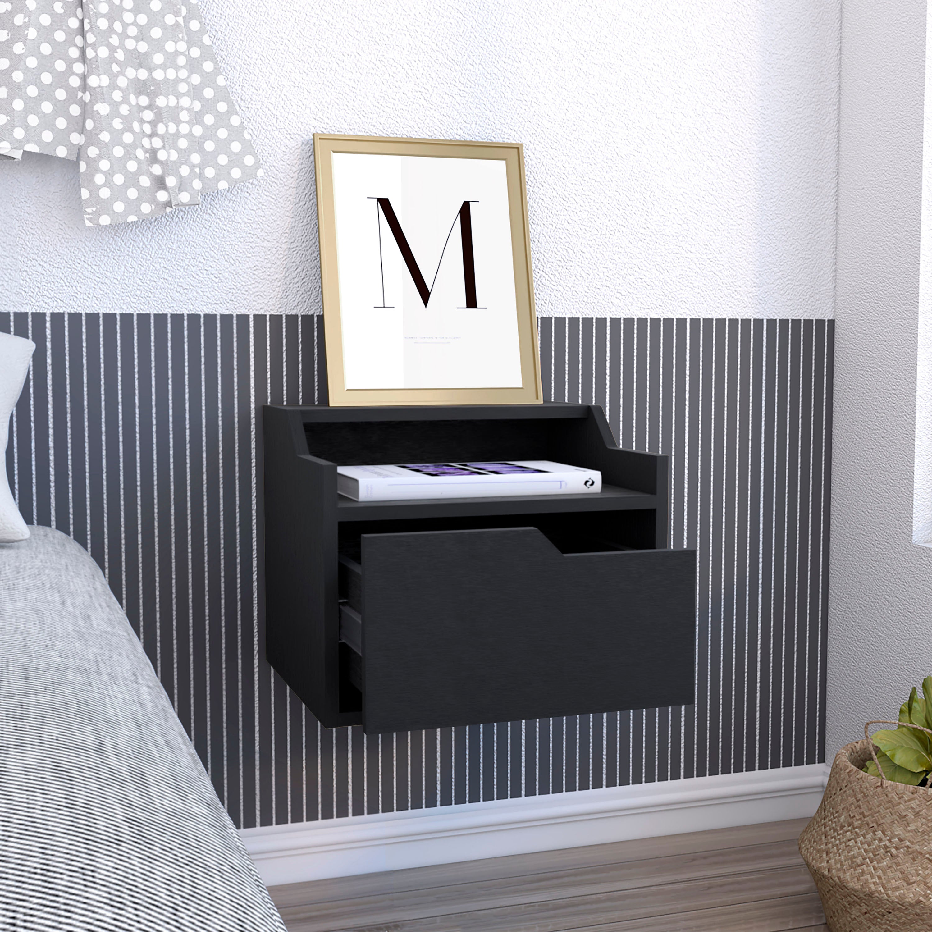 TUHOME Busan Modern Floating Nightstand, Single-Drawer Design with Sleek Two-Tiered Top Shelf Surfaces- Black - Bedroom