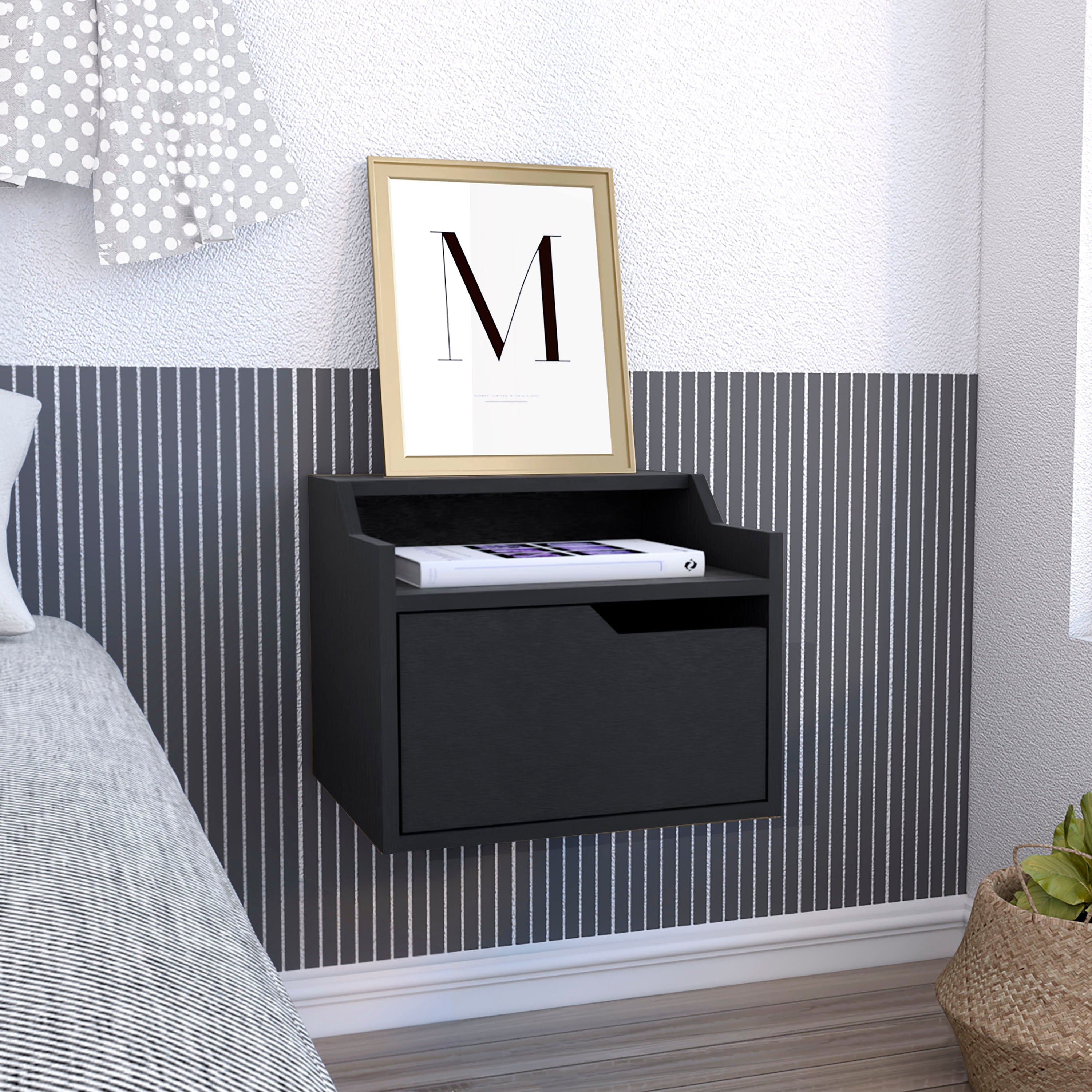 TUHOME Busan Modern Floating Nightstand, Single-Drawer Design with Sleek Two-Tiered Top Shelf Surfaces- Black - Bedroom