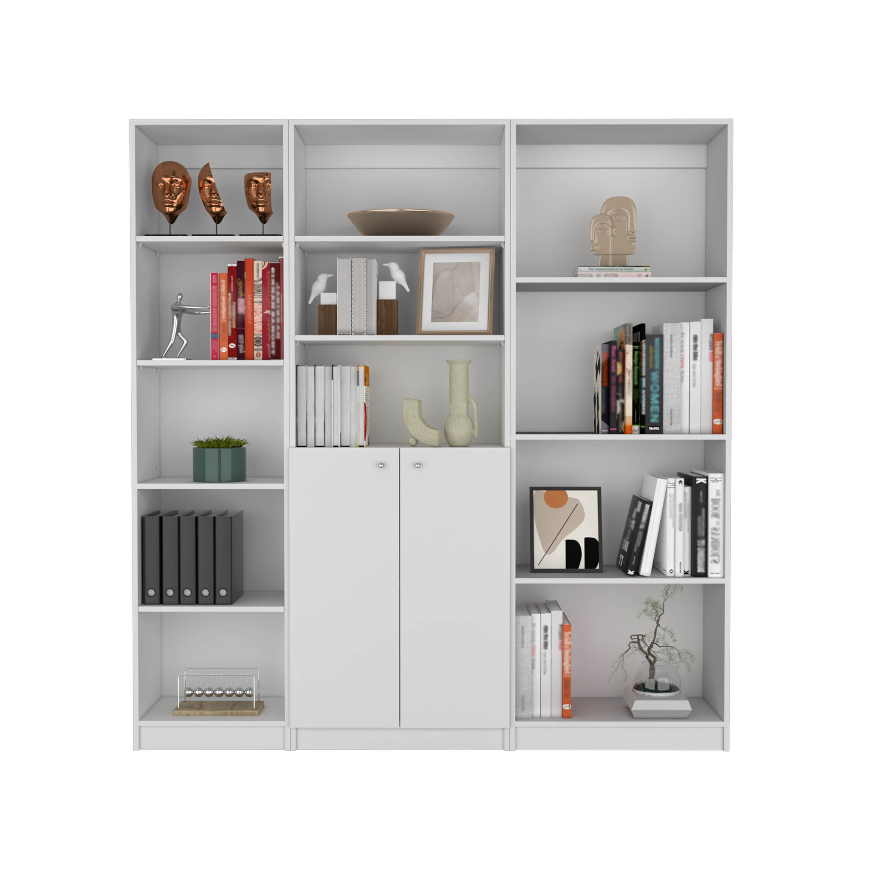 Poole 3 Piece Home Bookcase set, 67" Wide with 12 Shelves and 2-door Cabinet ,  Living Room Set  White