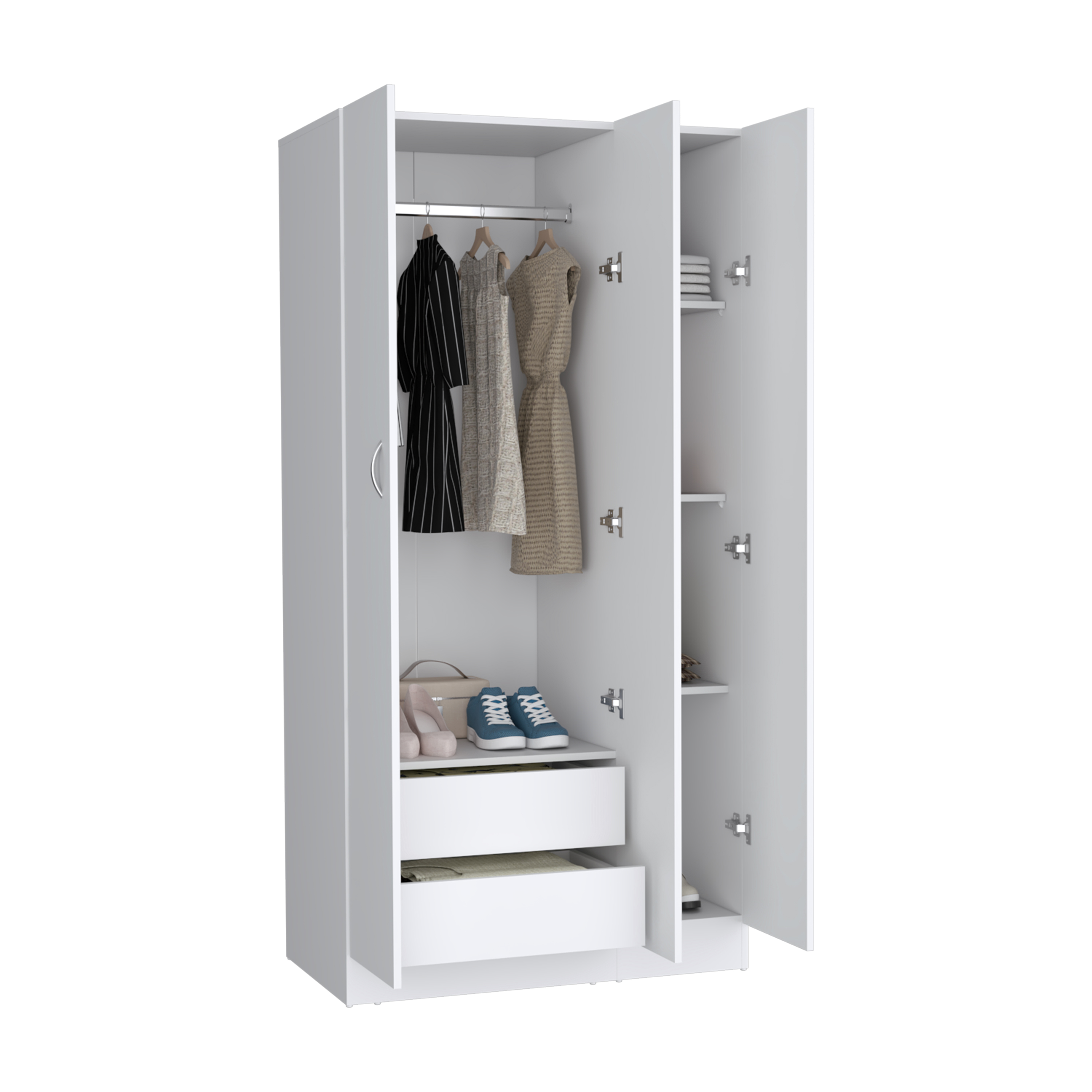 Ohio Armoire Wardrobe with 3-Doors, 2-Drawers, and 4-Tier Shelves White