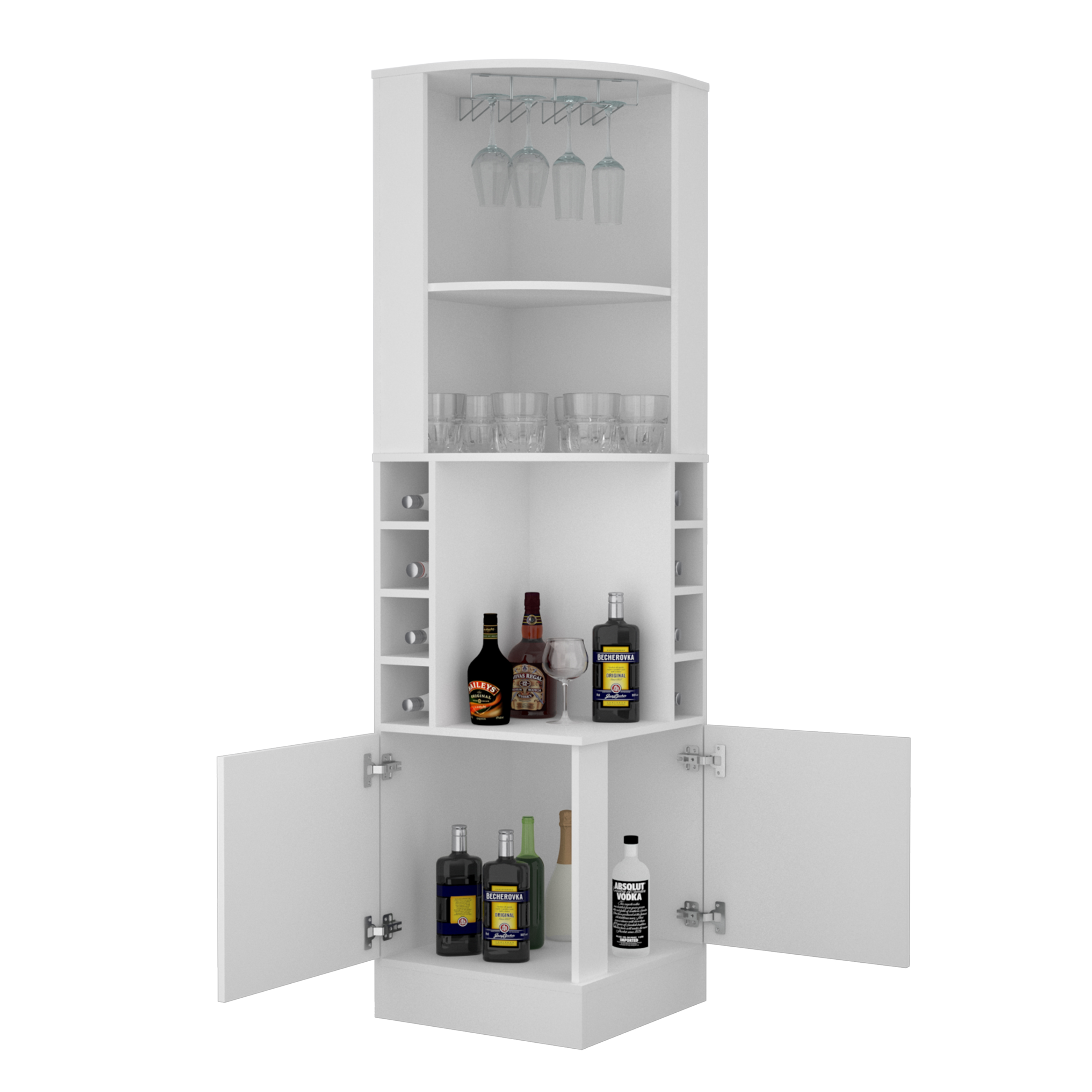 Syrah Corner Bar Cabinet, Two External Shelves White