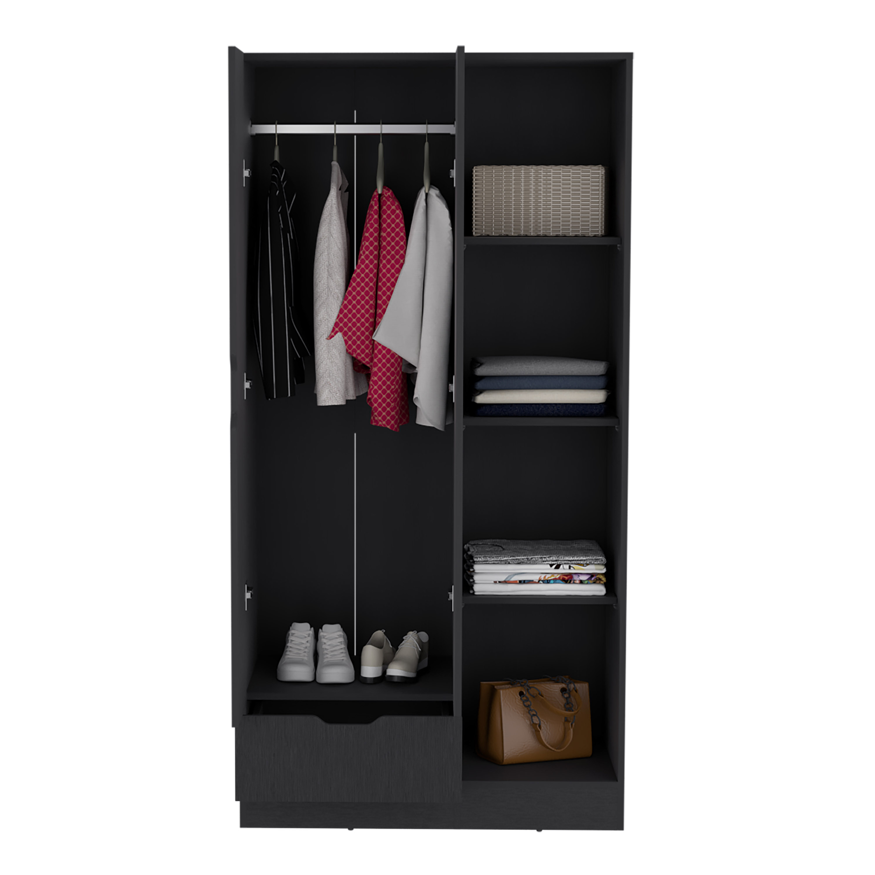 Memphis Wardrobe Armoire with 4-Tier Storage Shelves and 1 Drawer Black