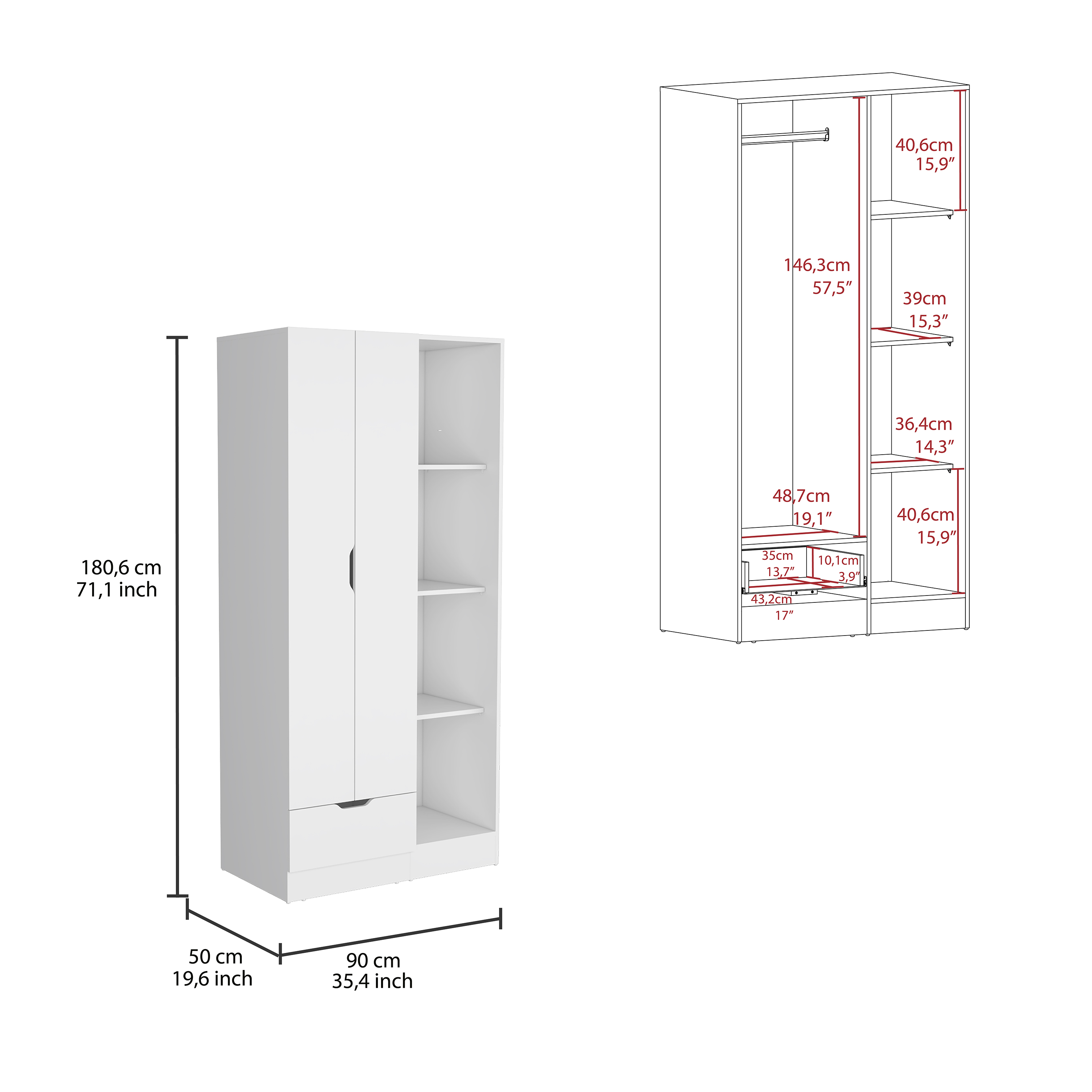 Memphis Wardrobe Armoire with 4-Tier Storage Shelves and 1 Drawer White