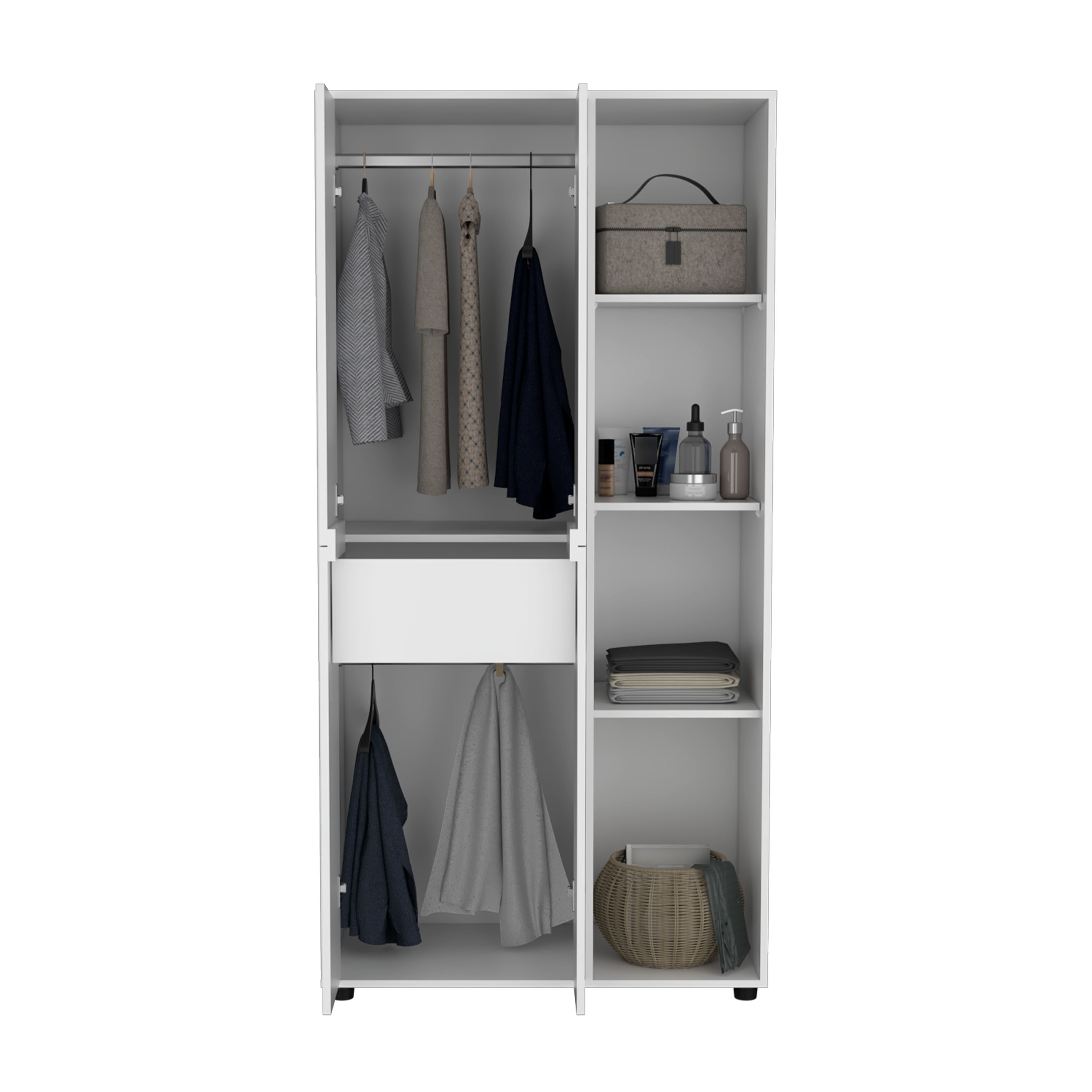 Misuri Wardrobe Armoire with Double Door, Drawer, Hanging Rod, and Open Shelves White