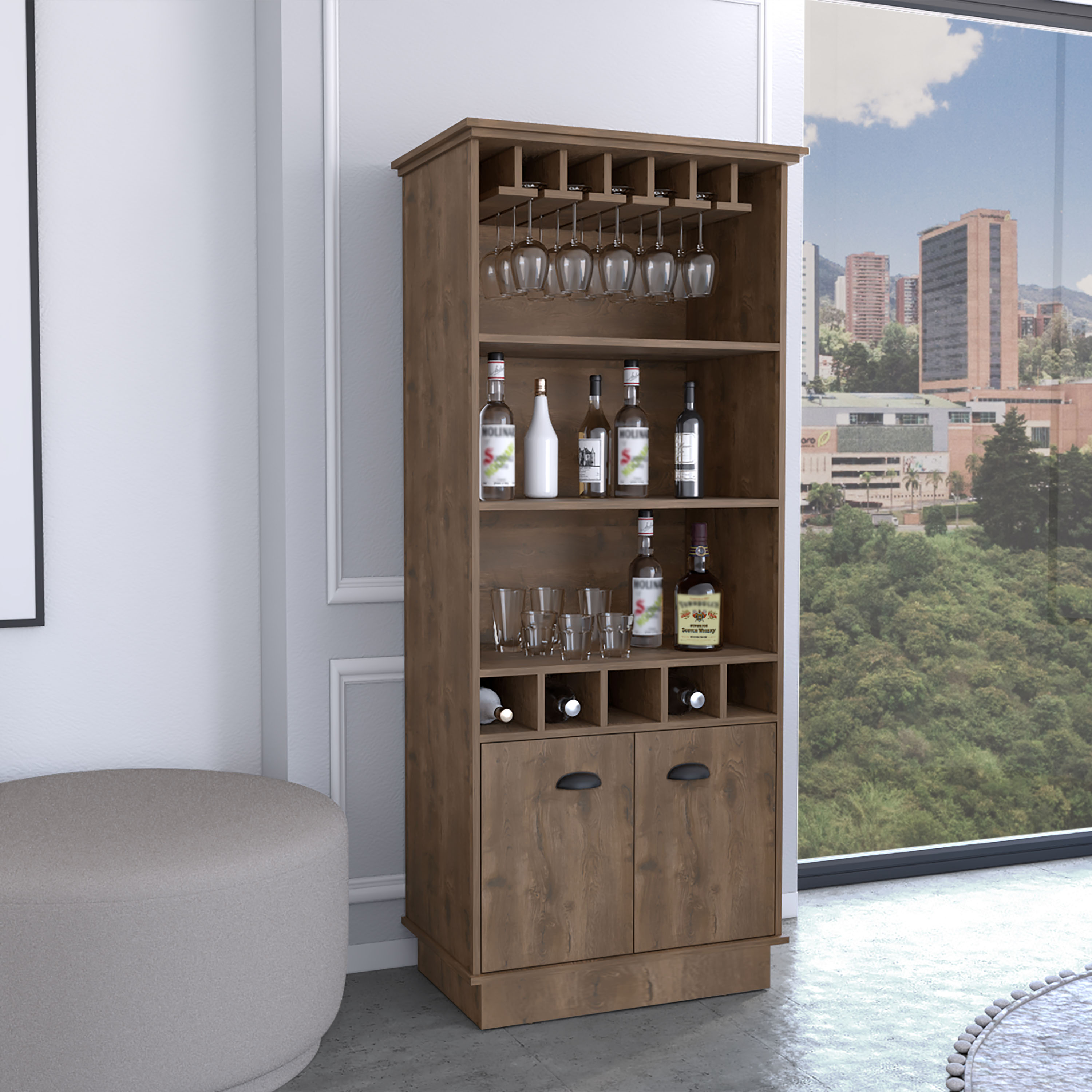 Dundee 70-Inch High 10-Glass Bar Cabinet with 5 Cubbies and 3 Open Shelves and Cabinet