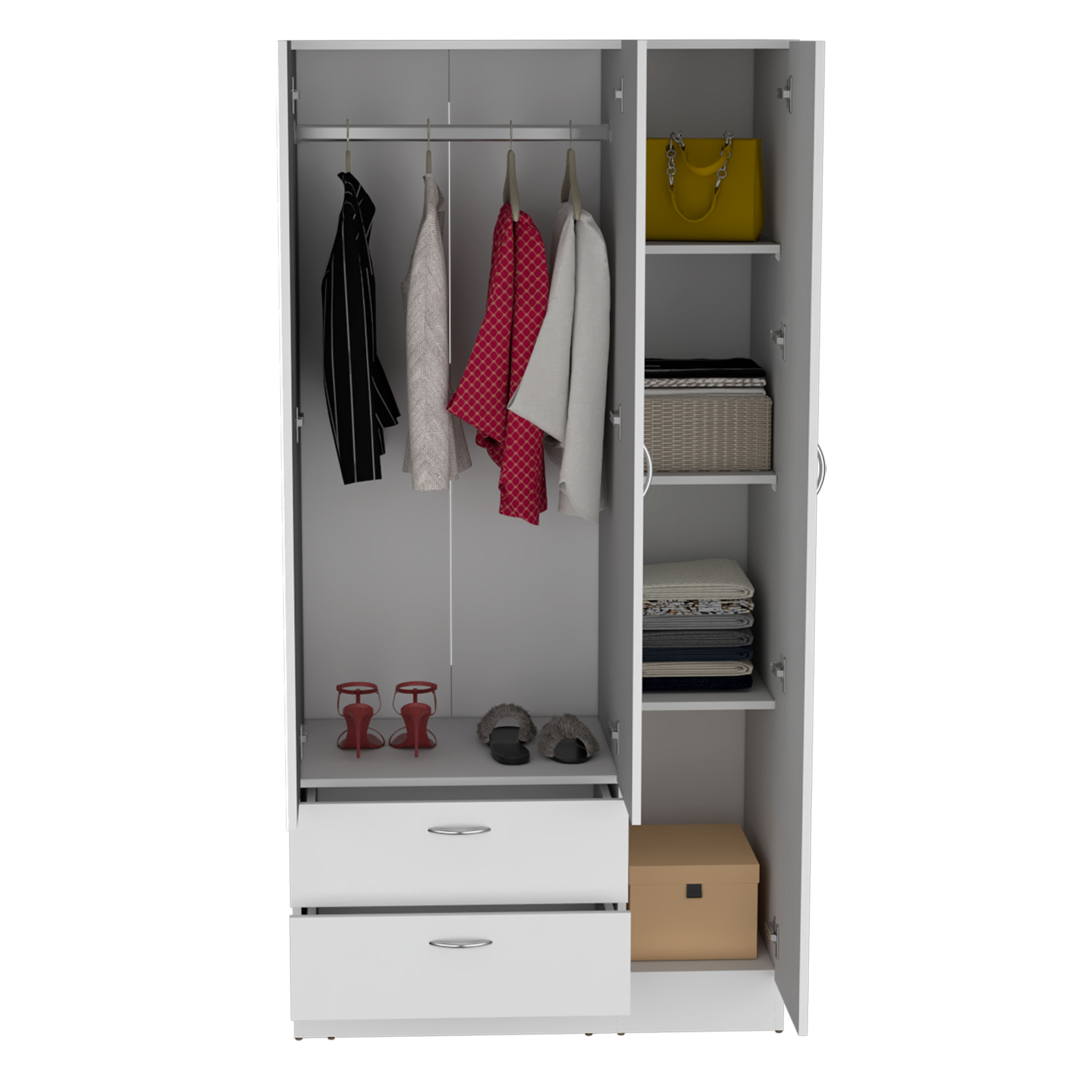 Riverside 3 Door Mirrored Armoire with Two Drawers, Four Shelves, and Hanging Rod White